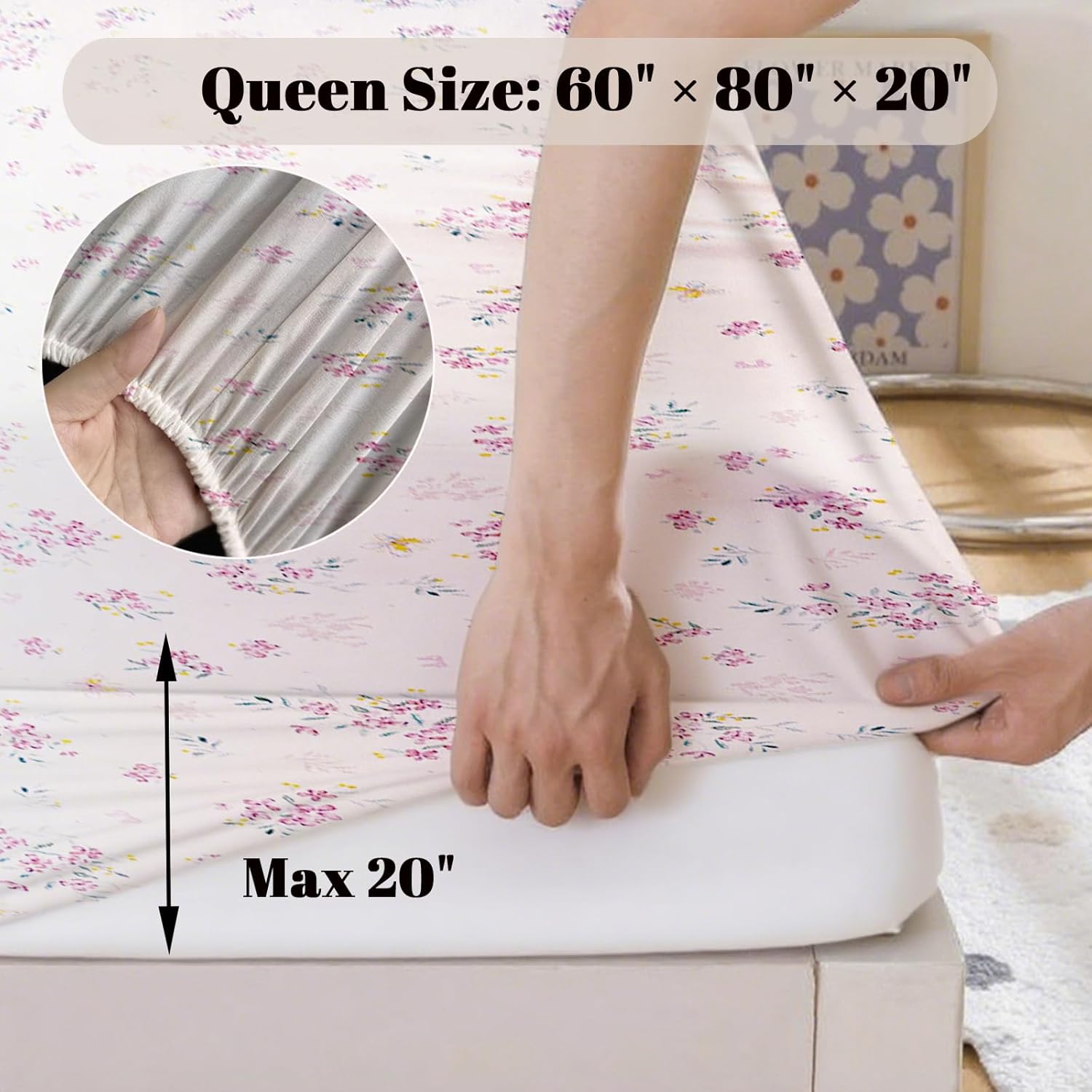 MorroMorn Queen Fitted Sheet with Deep Pocket - Pink Flowers Microfiber