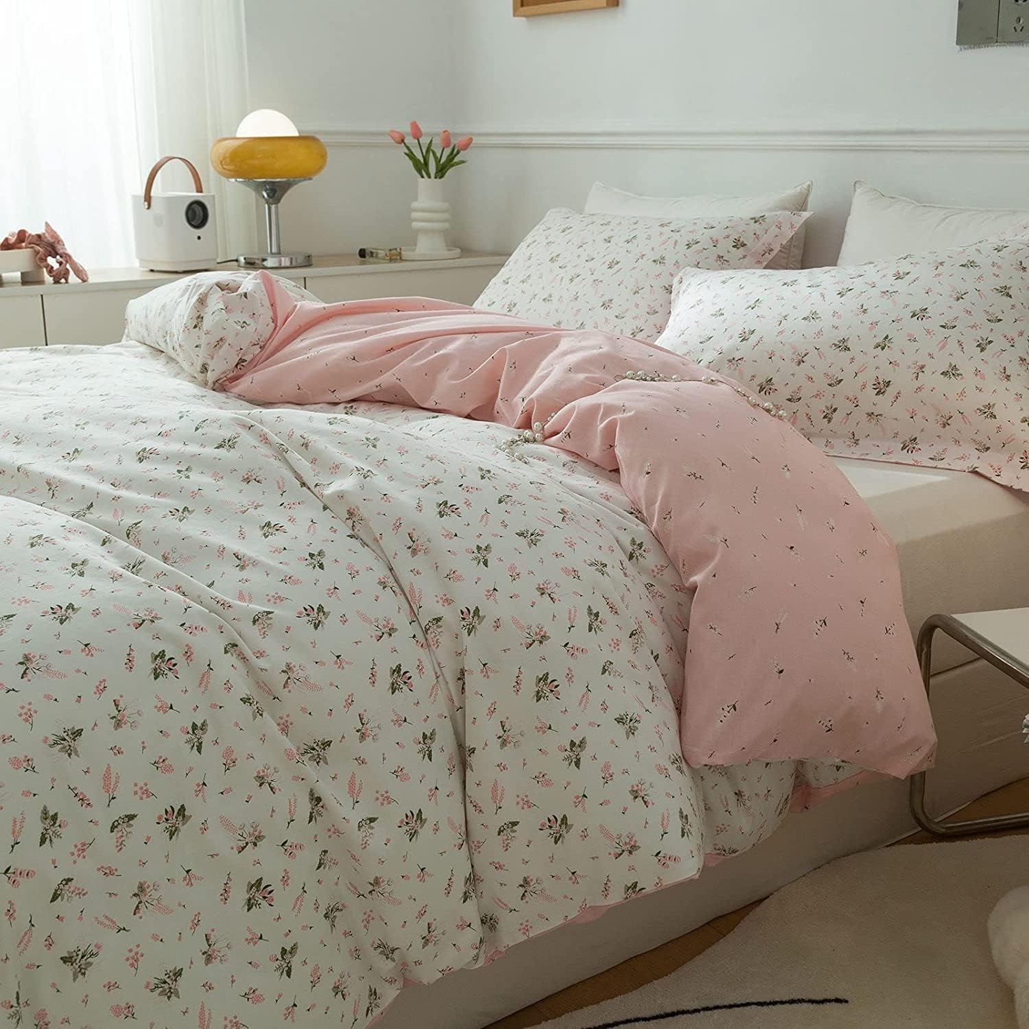 AMWAN Pink Floral Duvet Cover Twin XL Cotton Garden Bedding Set
