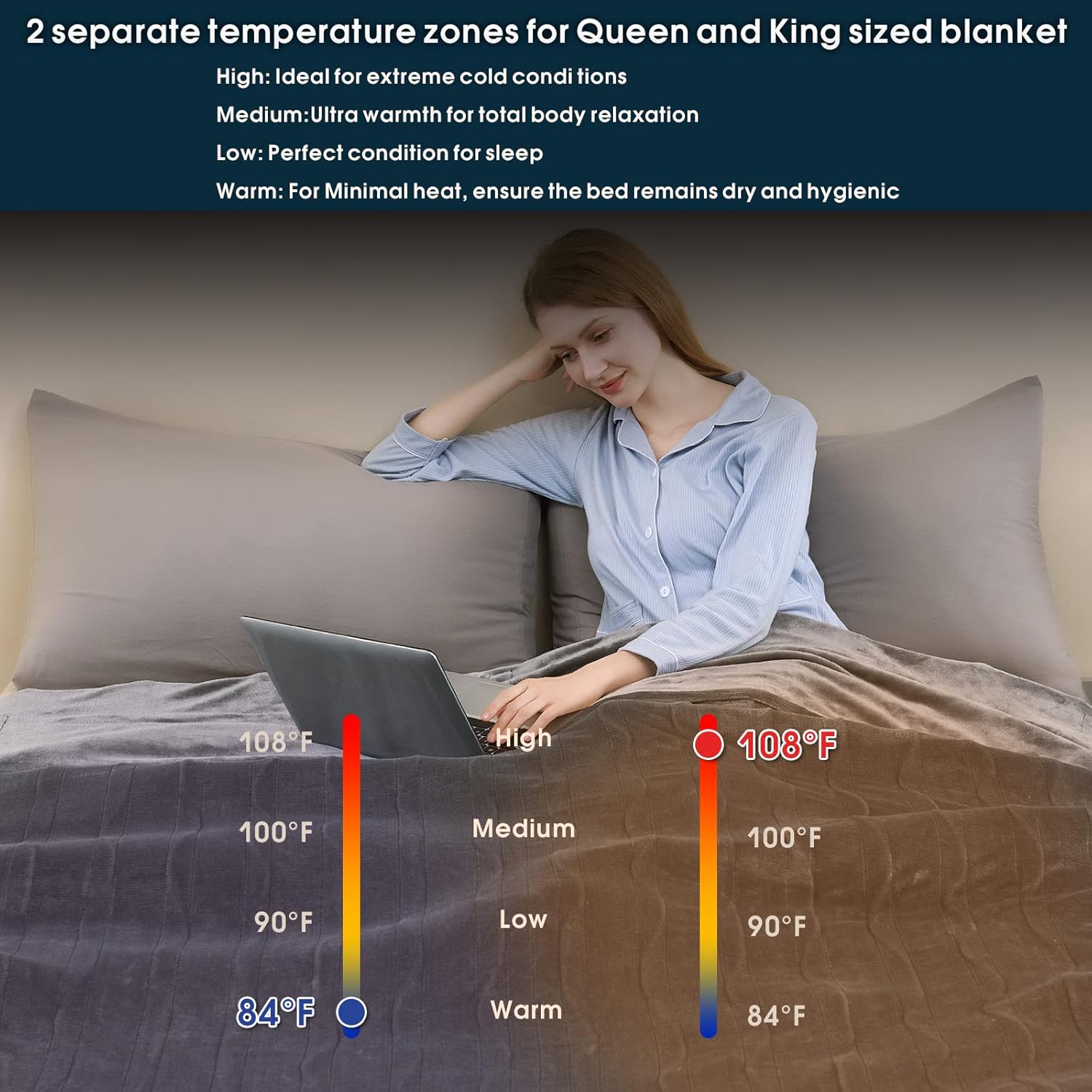 BESTCHIC Queen Electric Heated Blanket 84x90 4 Heat Levels Auto-Off Grey
