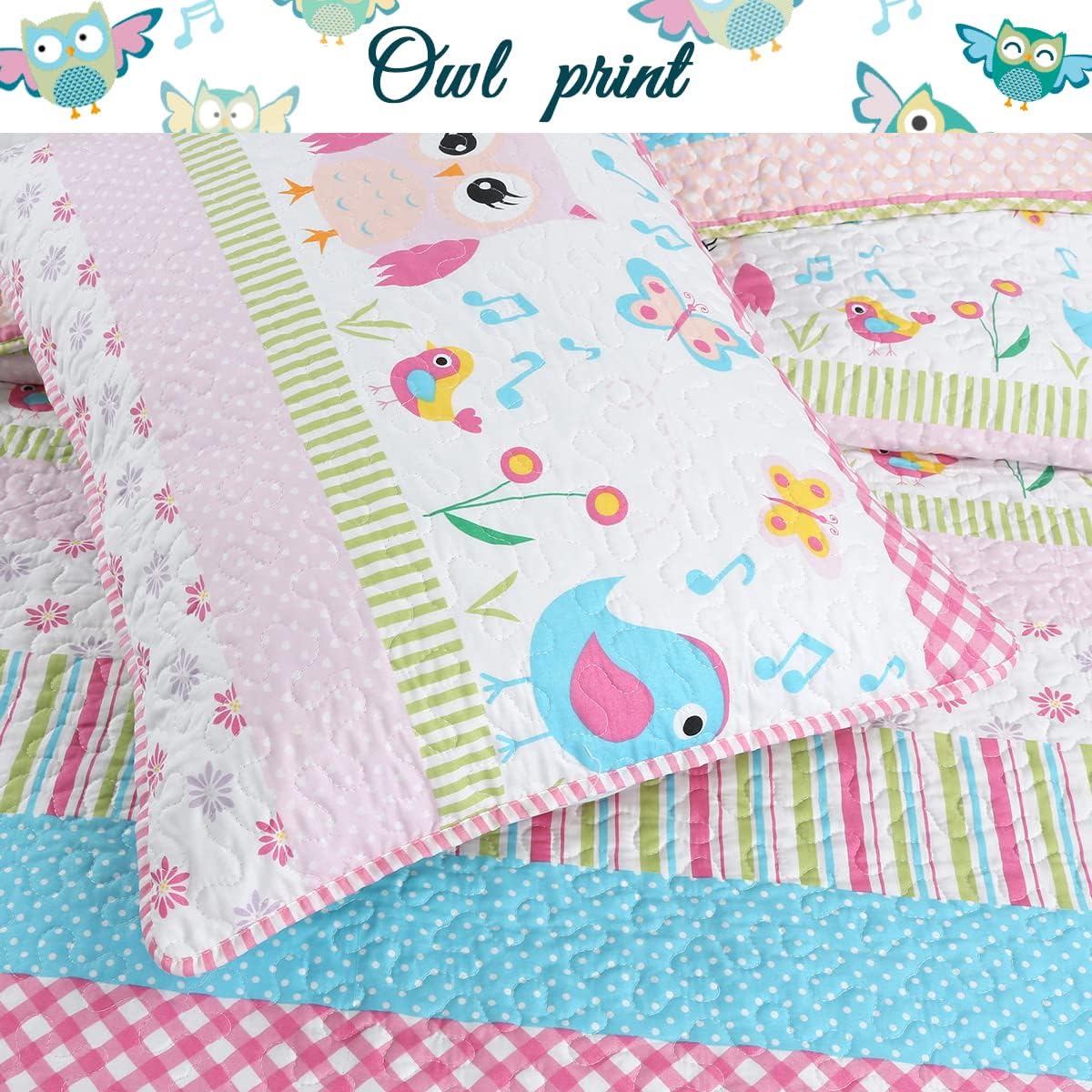Happy Owl Pink Reversible Quilt Bedding Set Twin 2 Piece