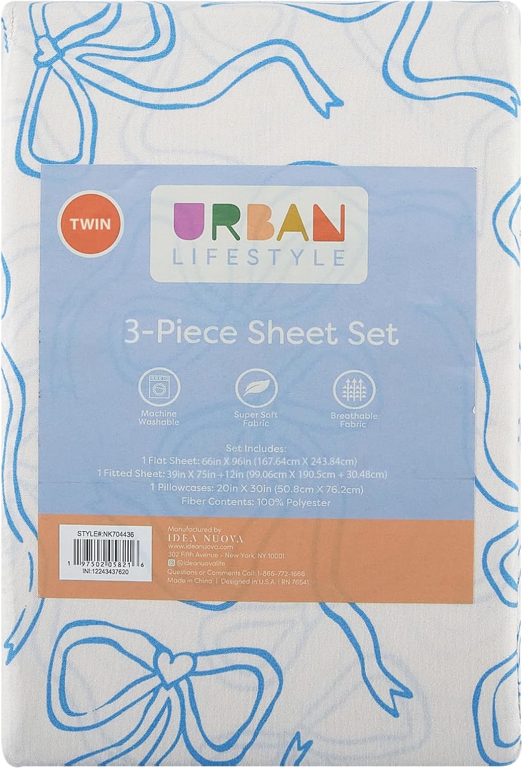 Urban Lifestyle 3-Piece Twin Sheet Set with Baby Blue Coquette Bow Design