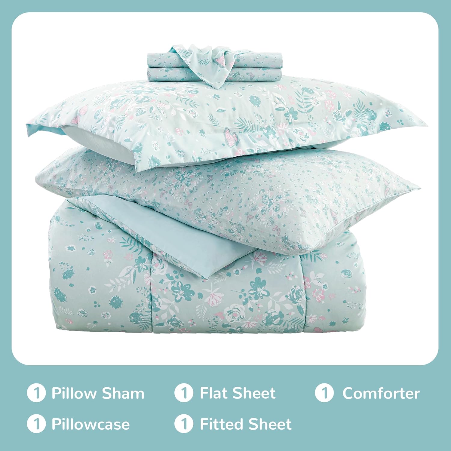 Viviland Twin Butterfly Comforter Set - Pale Green Kids Bedding 5 Piece Set