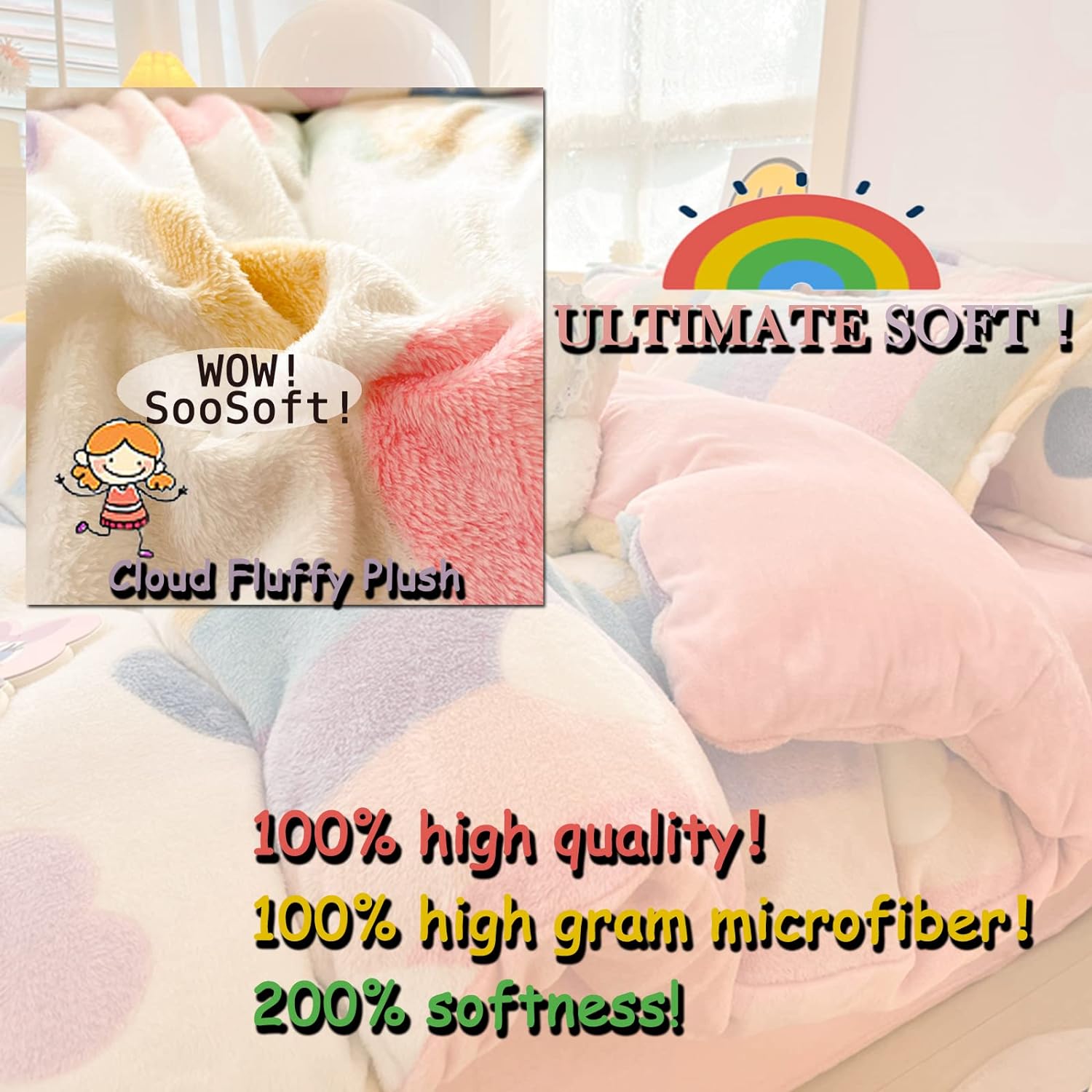 MorroMorn Pink Rainbow Duvet Cover Set for Girls Kids
