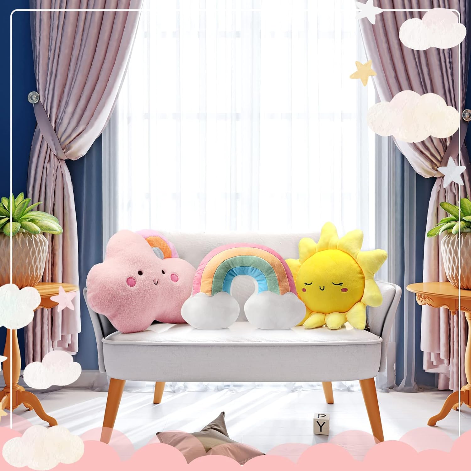Queekay 3 Pcs Moon Star Cloud Plush Pillows