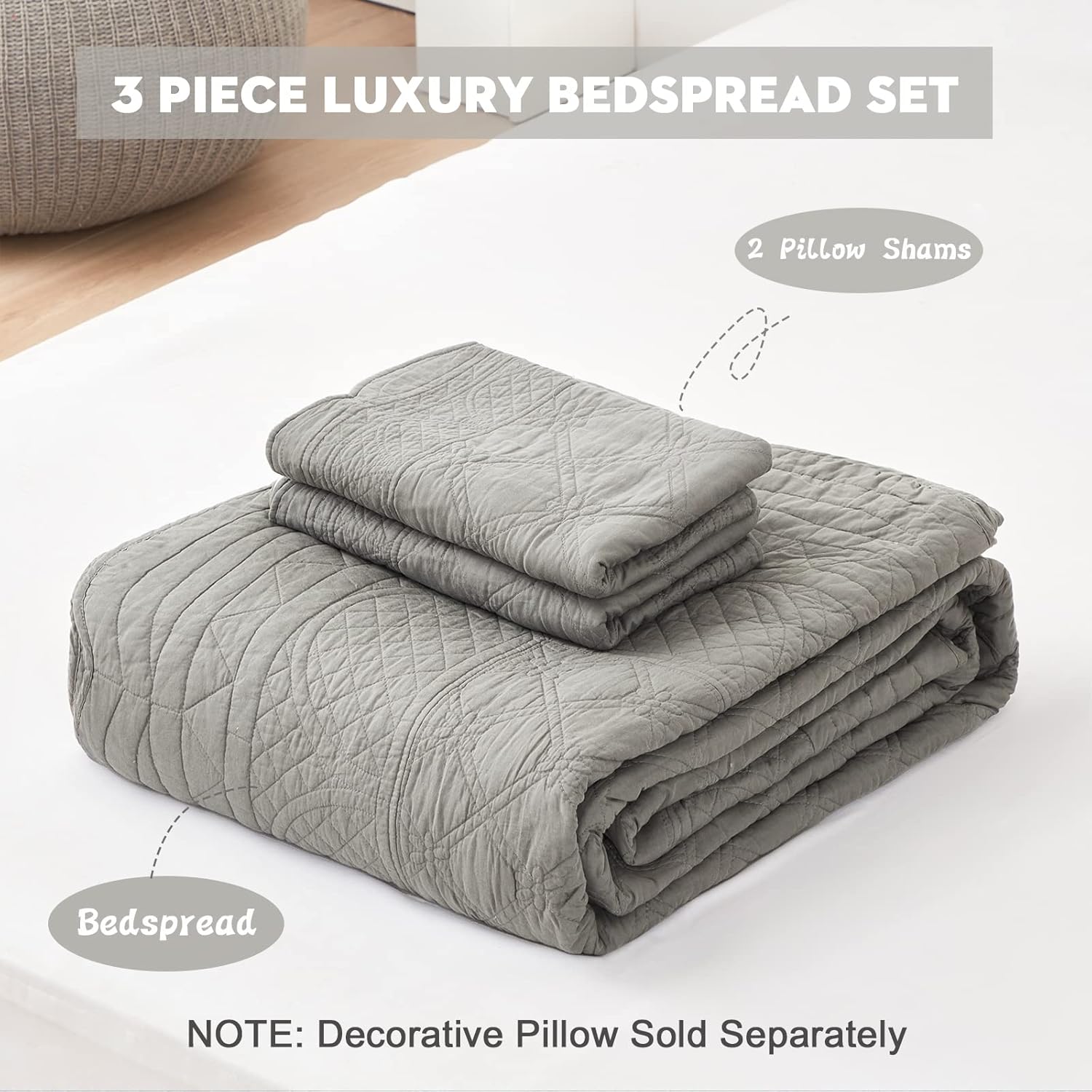 CHIXIN Oversized Cotton Bedspread - 3 Piece Set Grey King Size