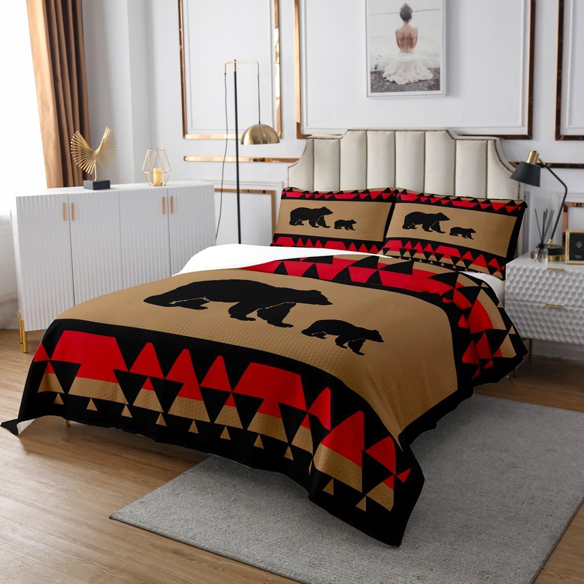 Feelyou Bear Quilted Coverlet Set with Pillow Cases - Triangle Geometry Wild Animal Design