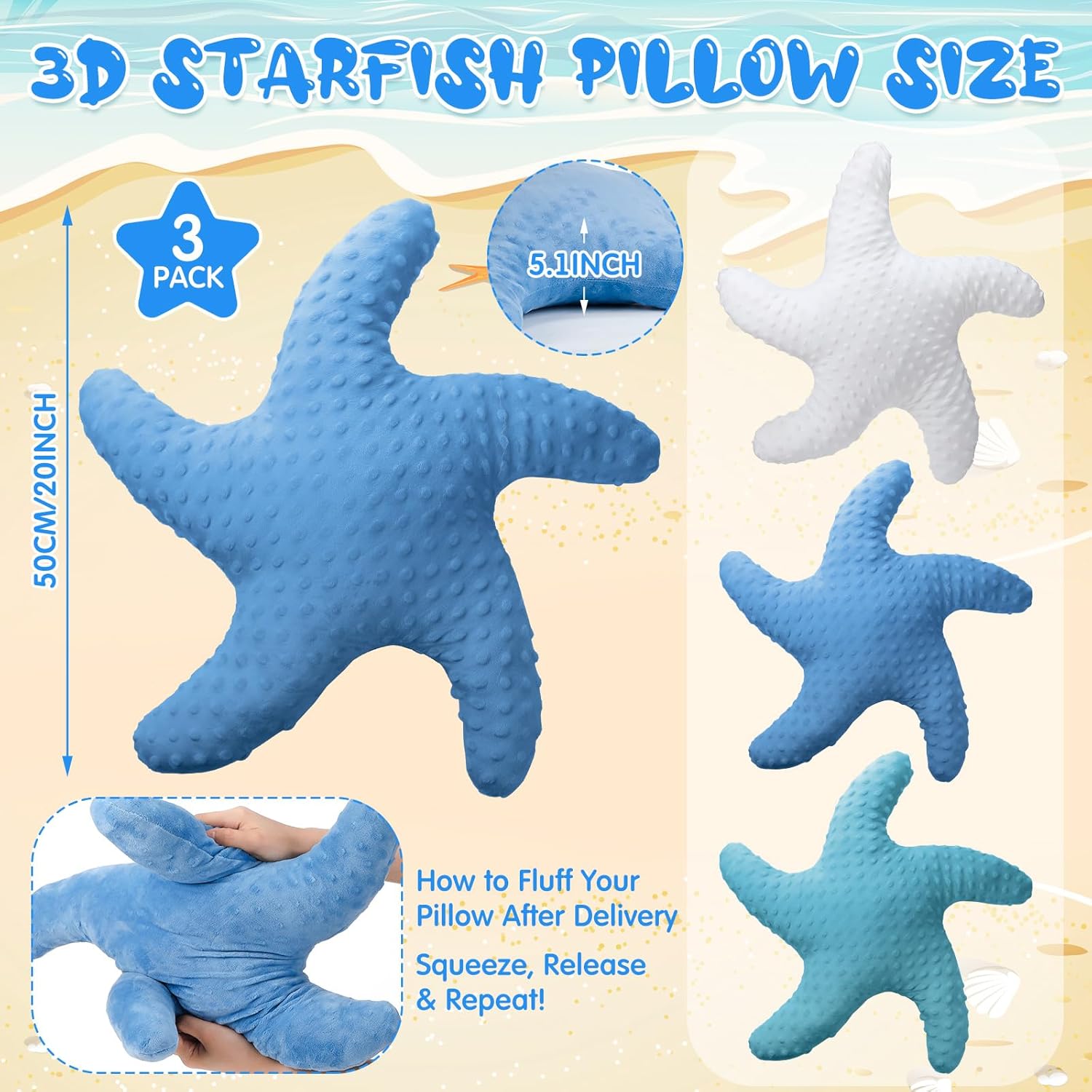 Fumete Starfish Plush Pillow 3 Pack 20 Inch Decor