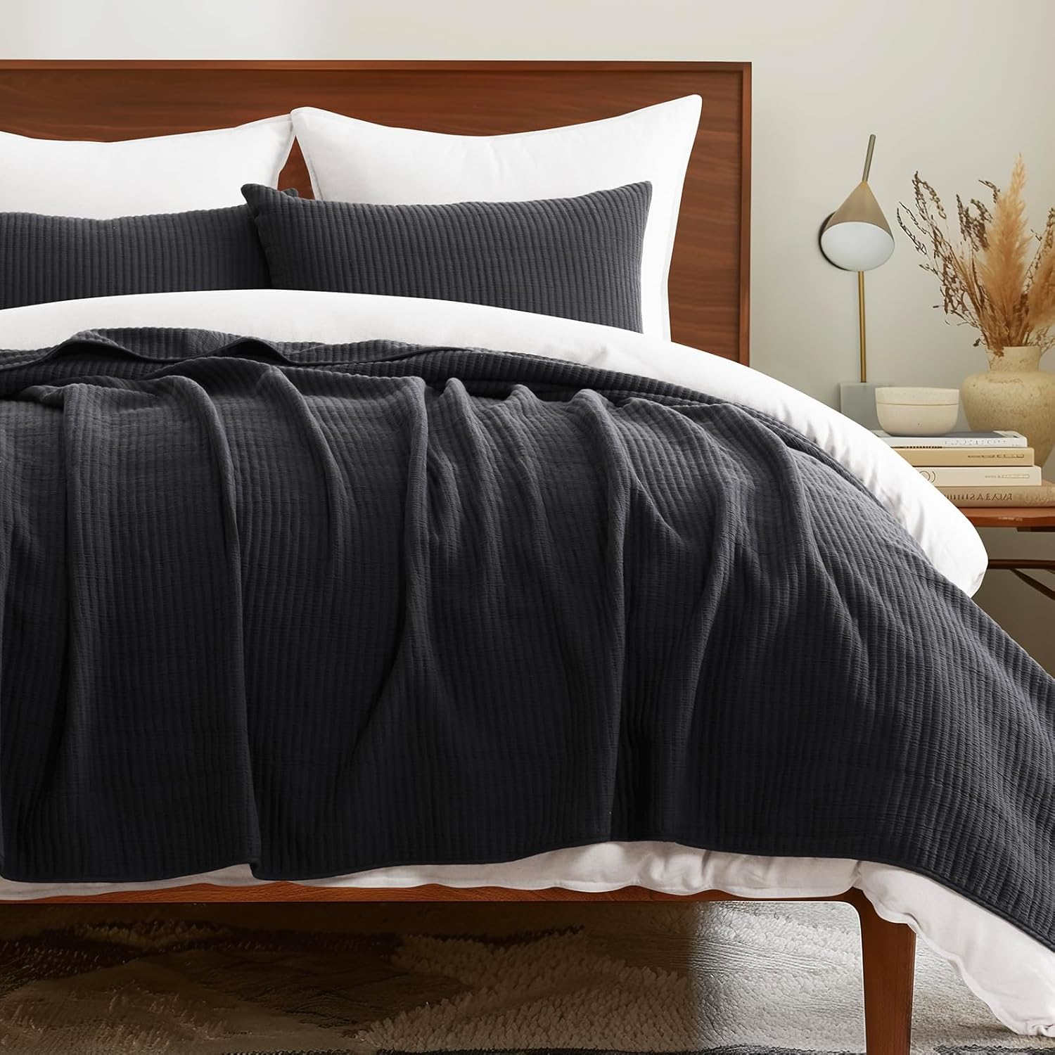 EVERGRACEHOME Cotton Coverlet Set King 3 Pieces Washed Black