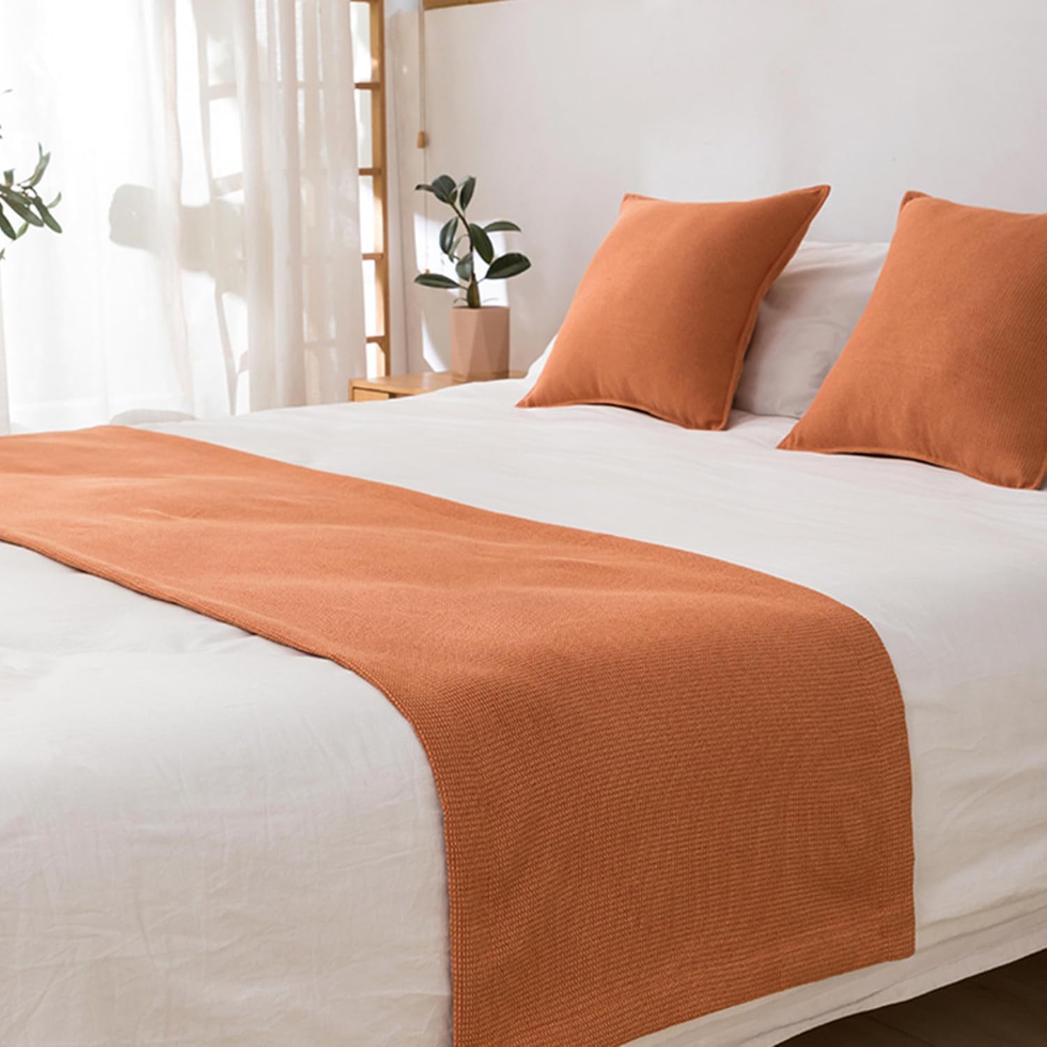 Twelves Waffle Bedrunner Set Orange Queen Bed Scarves and 2 Pillowcases