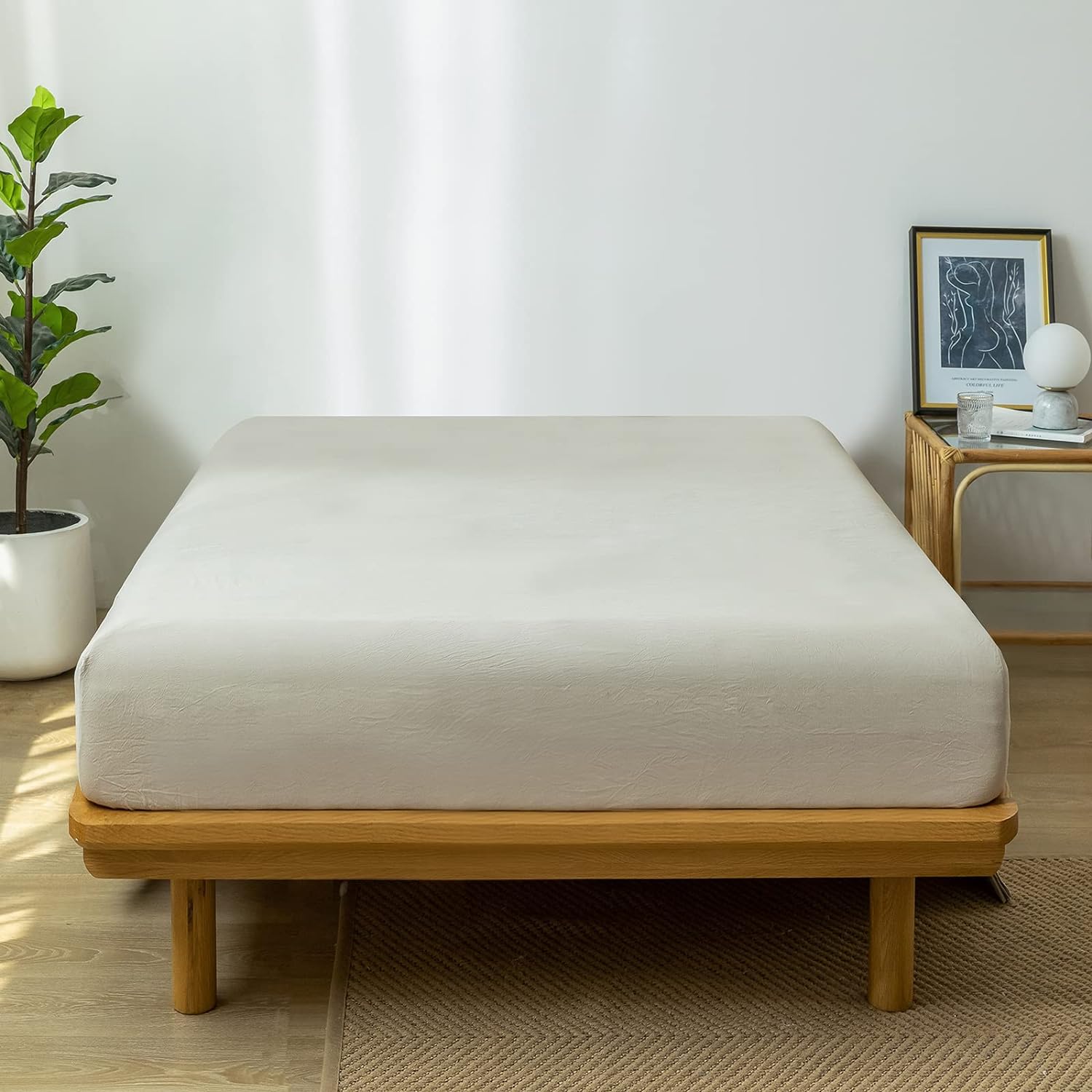 MooMee Cream Grey Fitted Sheet Queen 100 Washed Cotton