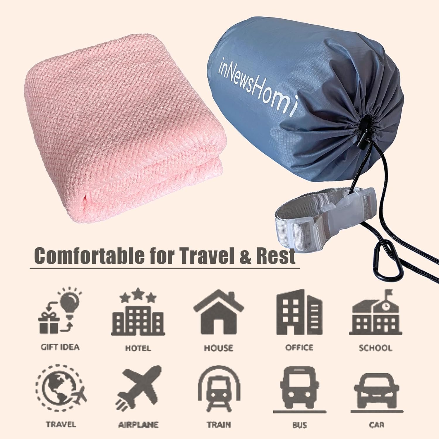 INNEWSHOMI Travel Blanket with Pillow Pink
