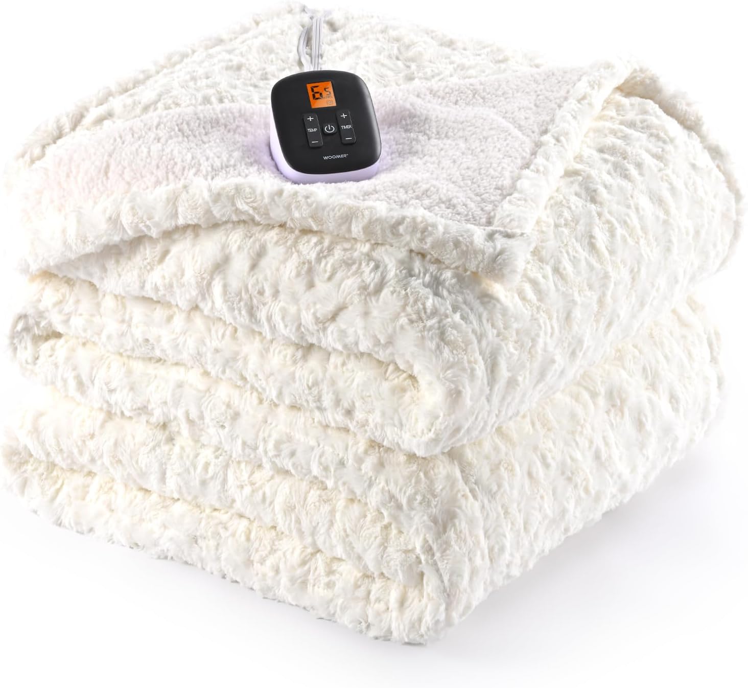 WOOMER 77x84 Electric Heated Blanket with Rose Faux Fur and 4 Heat Levels