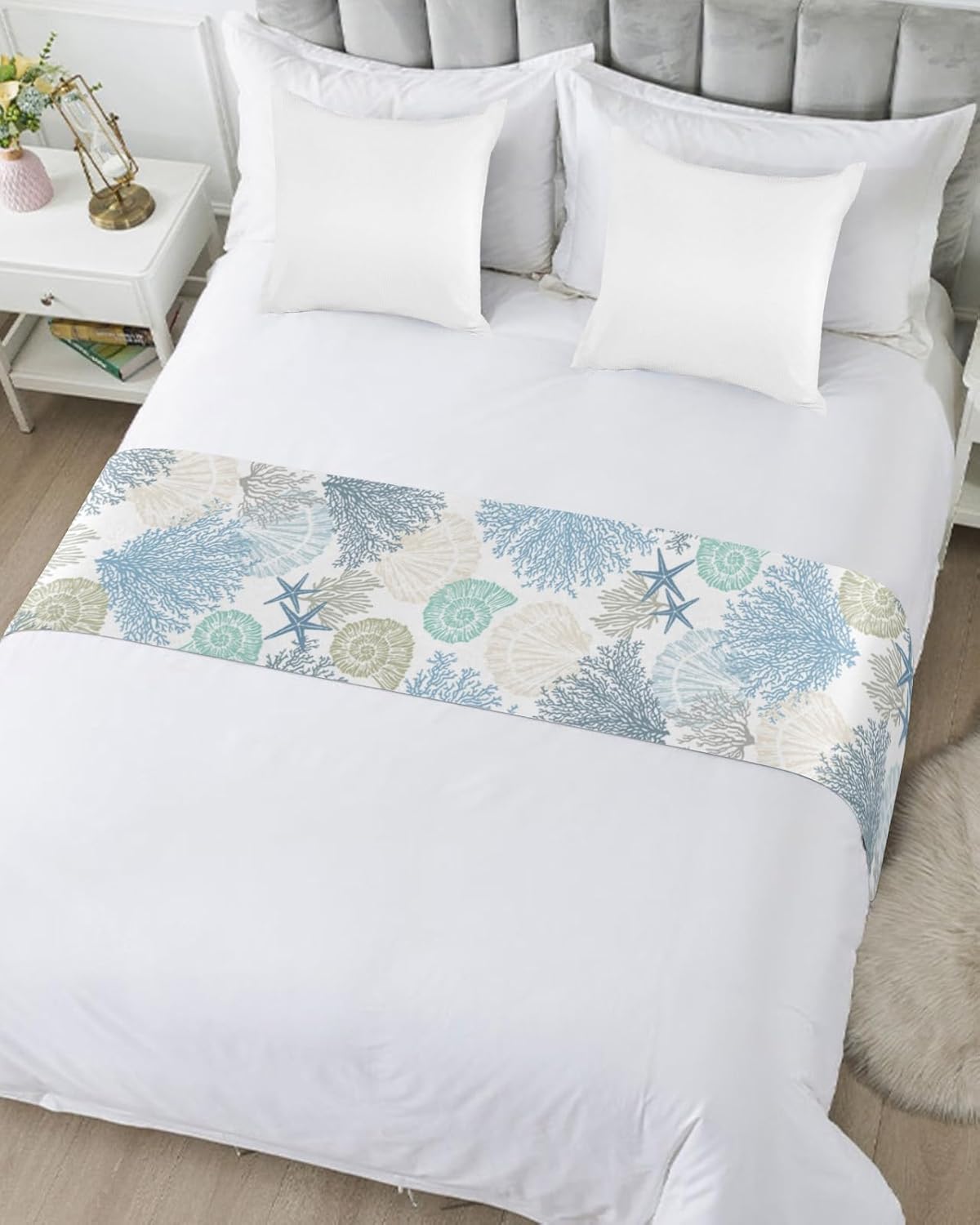 Blue Teal Coral Bed Runner Queen Size