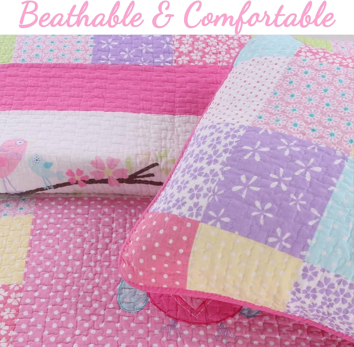 Cozy Line Pink Owl Quilt Bedding Set Queen 3 Piece