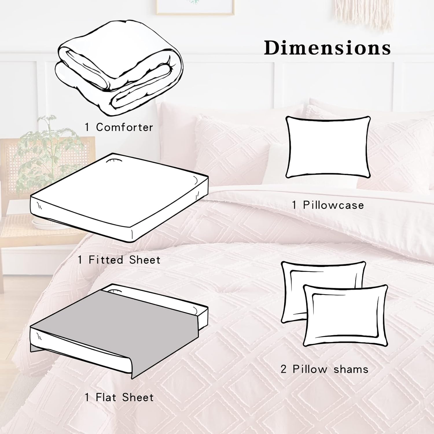 Flysheep 6-Piece Tufted Bed-in-a-Bag Comforter Set Blush Pink