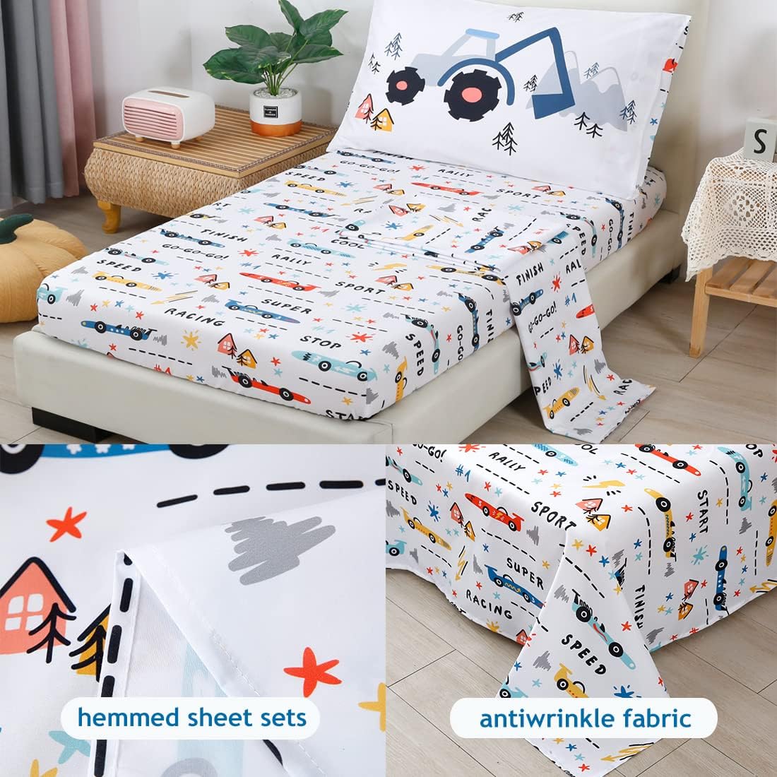 PERFEMET Car Toddler Bedding 4 Piece Set for Boys and Girls