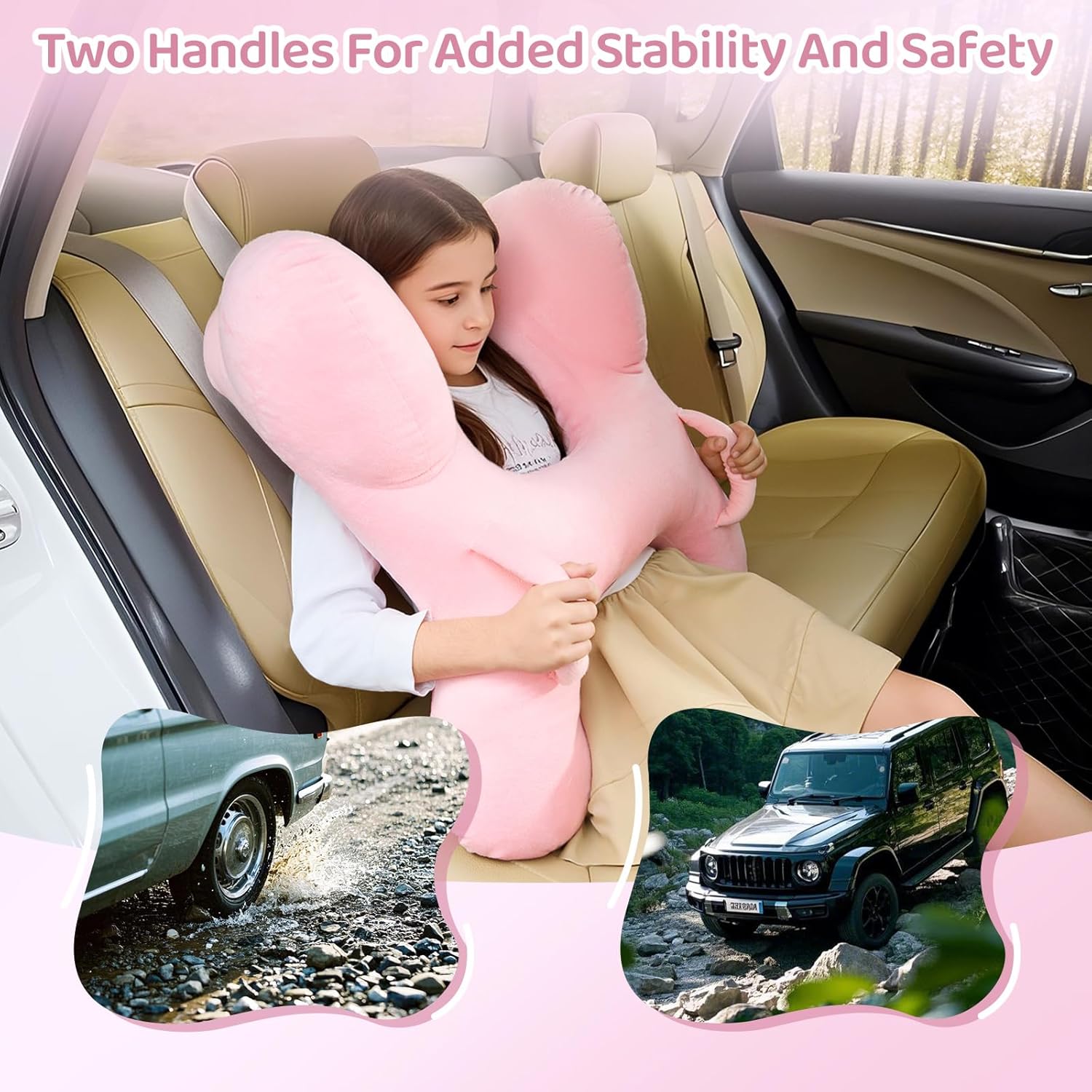 PYURIFAI Kids Car Pillow with Head Support and Handles Pink