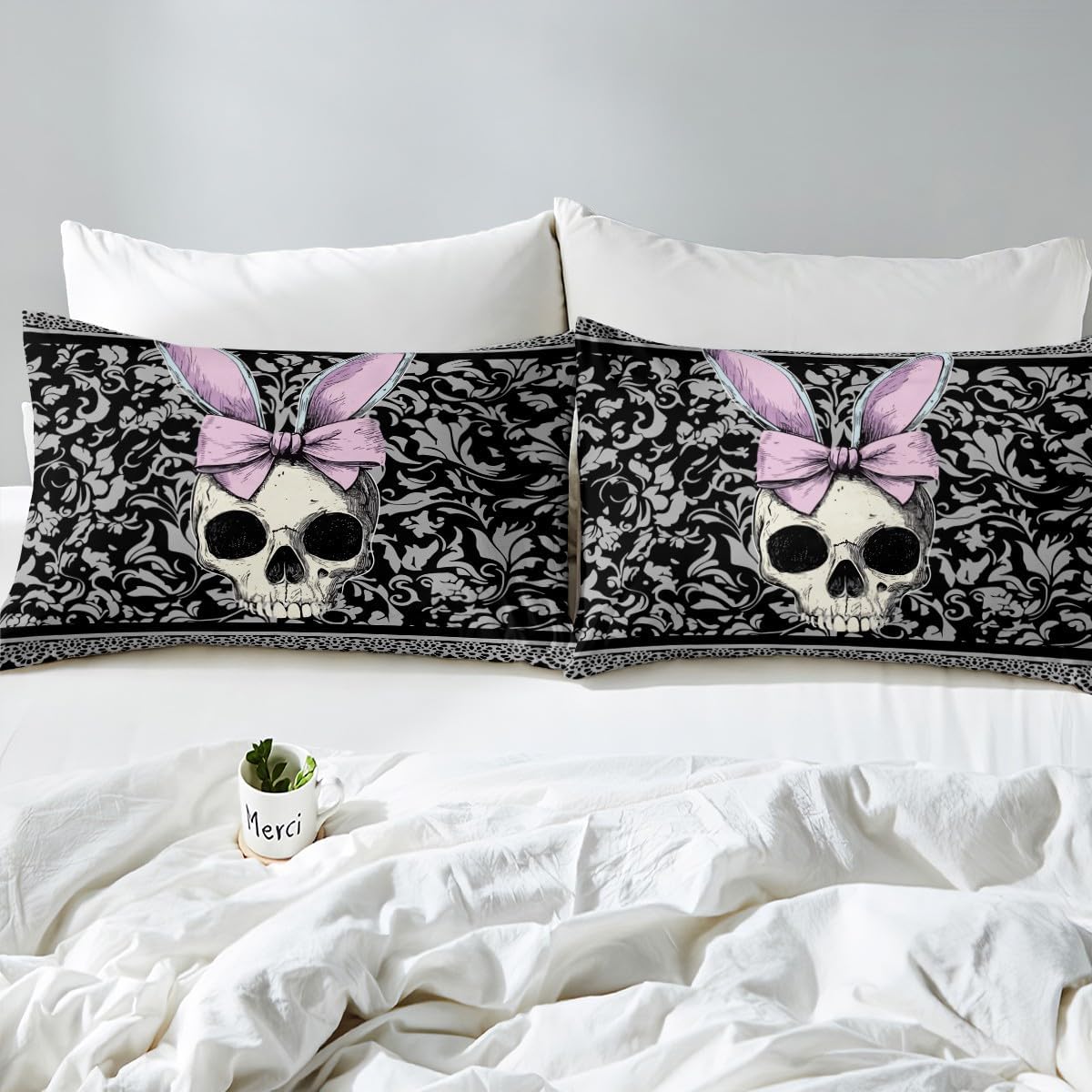 Homewish Black Grey Damask Bedding Set Twin Size 3Pcs