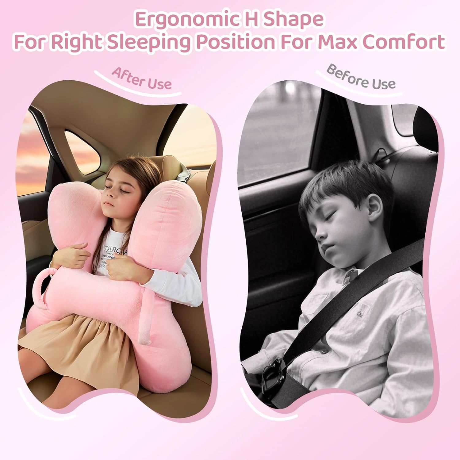 PYURIFAI Kids Car Pillow with Head Support and Handles Pink