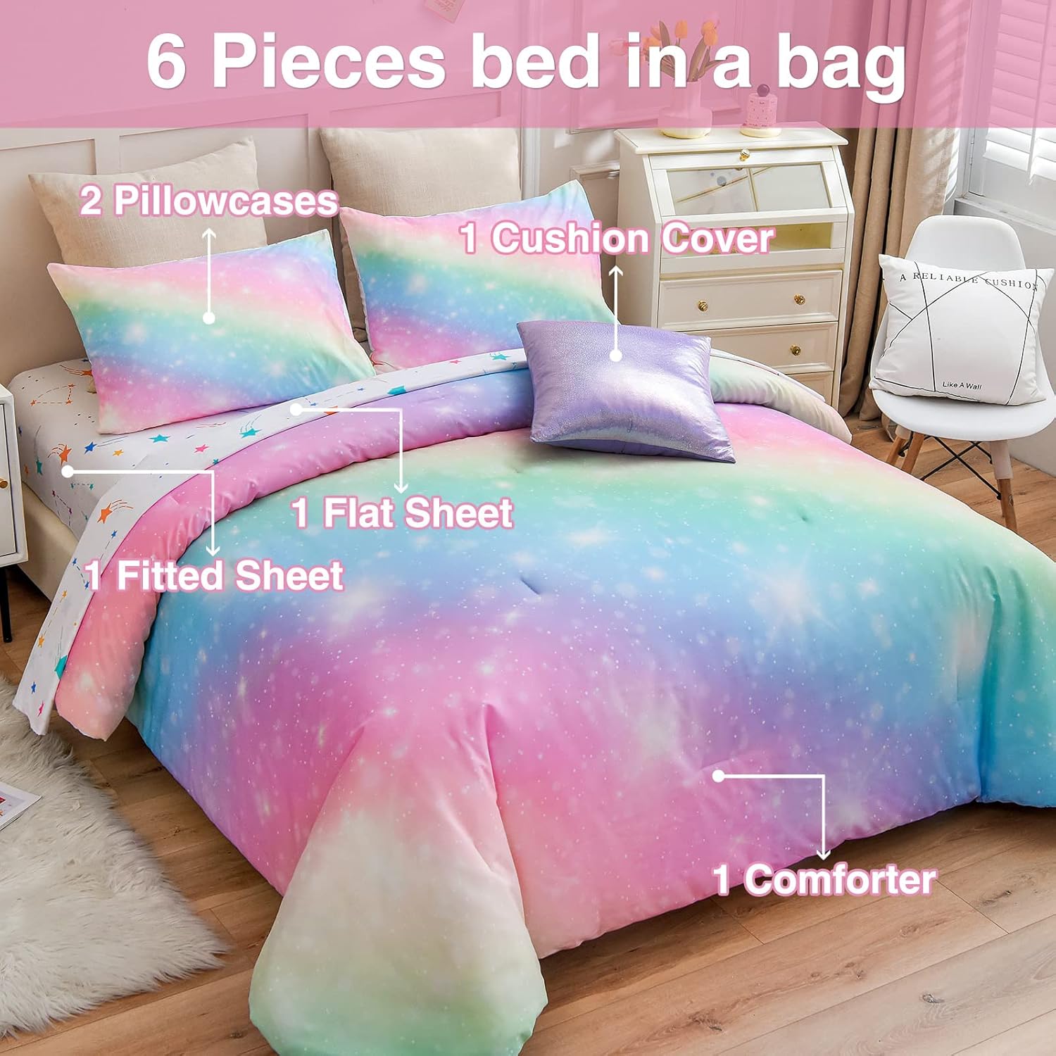A Nice Night 6Pcs Gradient Glitter Comforter Set for Girls