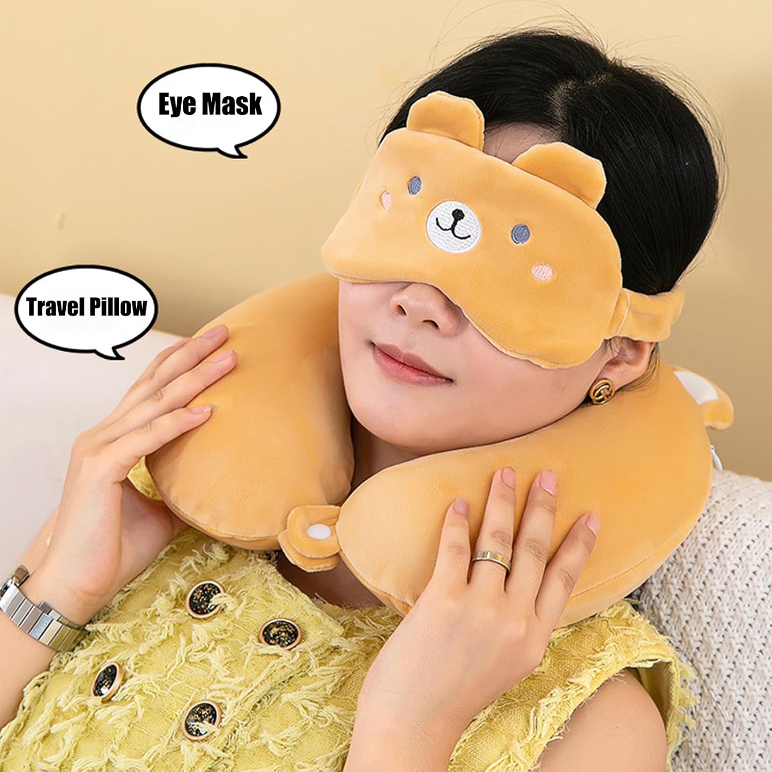 Kids Travel Neck Pillow with Sleep Mask - Grey Cat Design