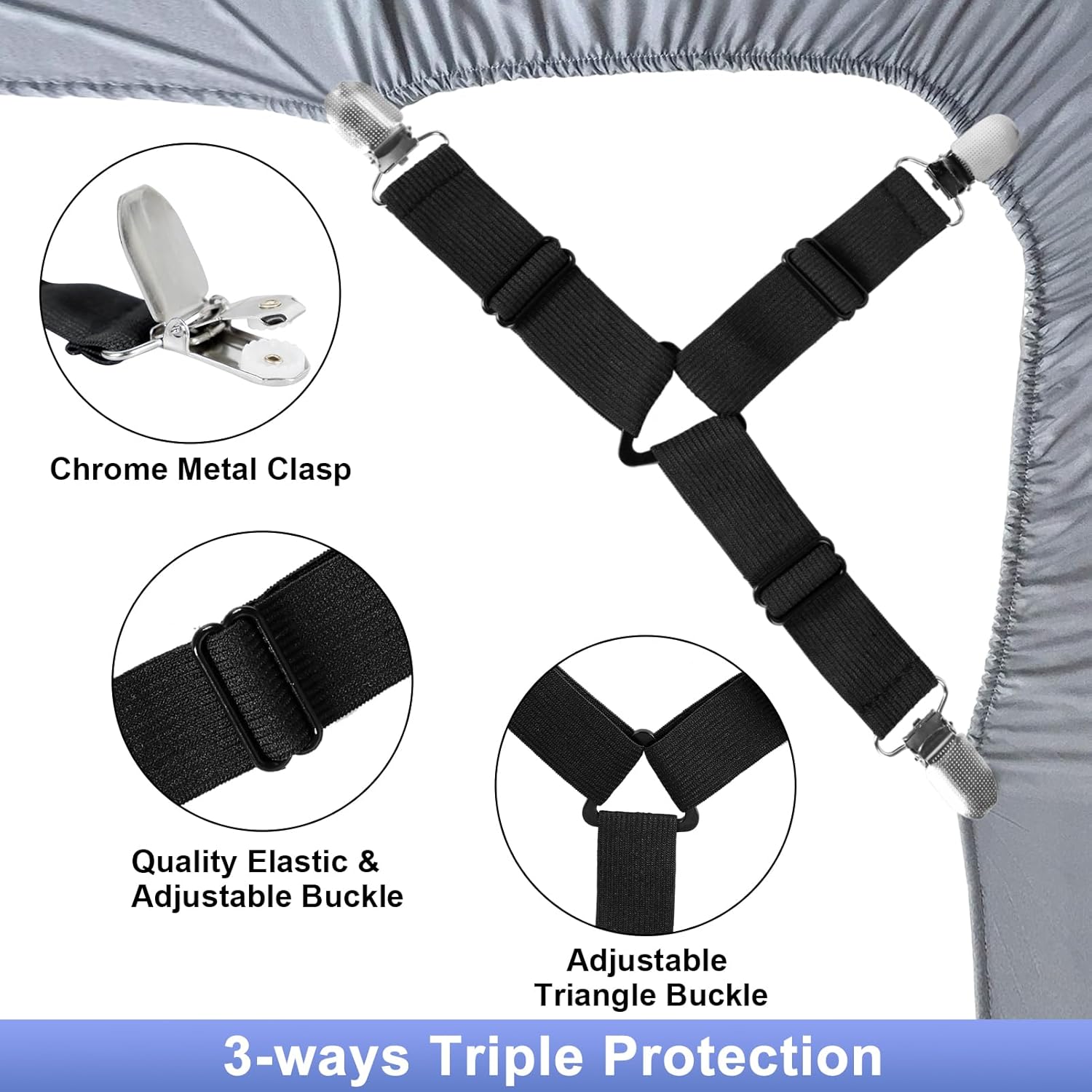 Attmu Bed Sheet Straps 6-Pack Black Adjustable Clips