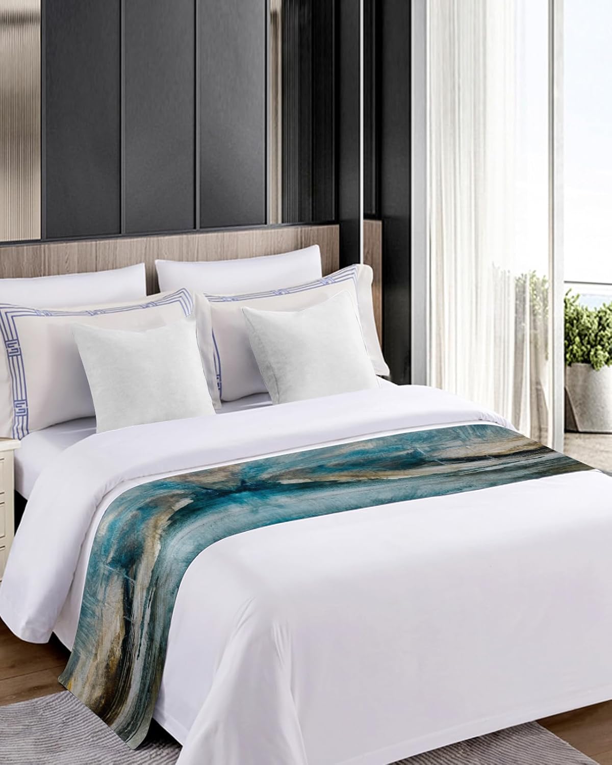 ZFUNCING Abstract Mottled Turquoise Green Gray Bed Runner Scarf