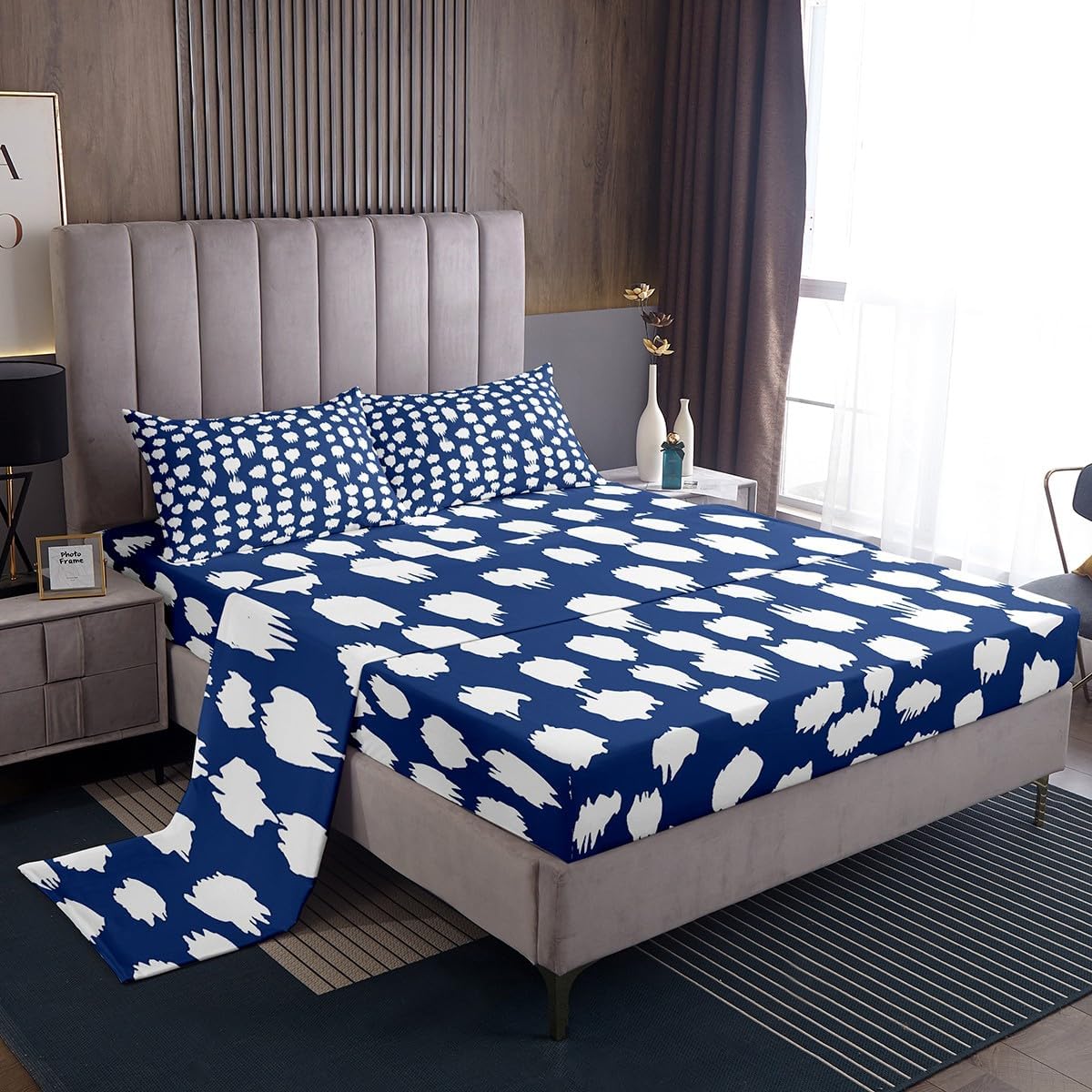 Erosebridal Navy Blue White Polka Dots King Sheet Set