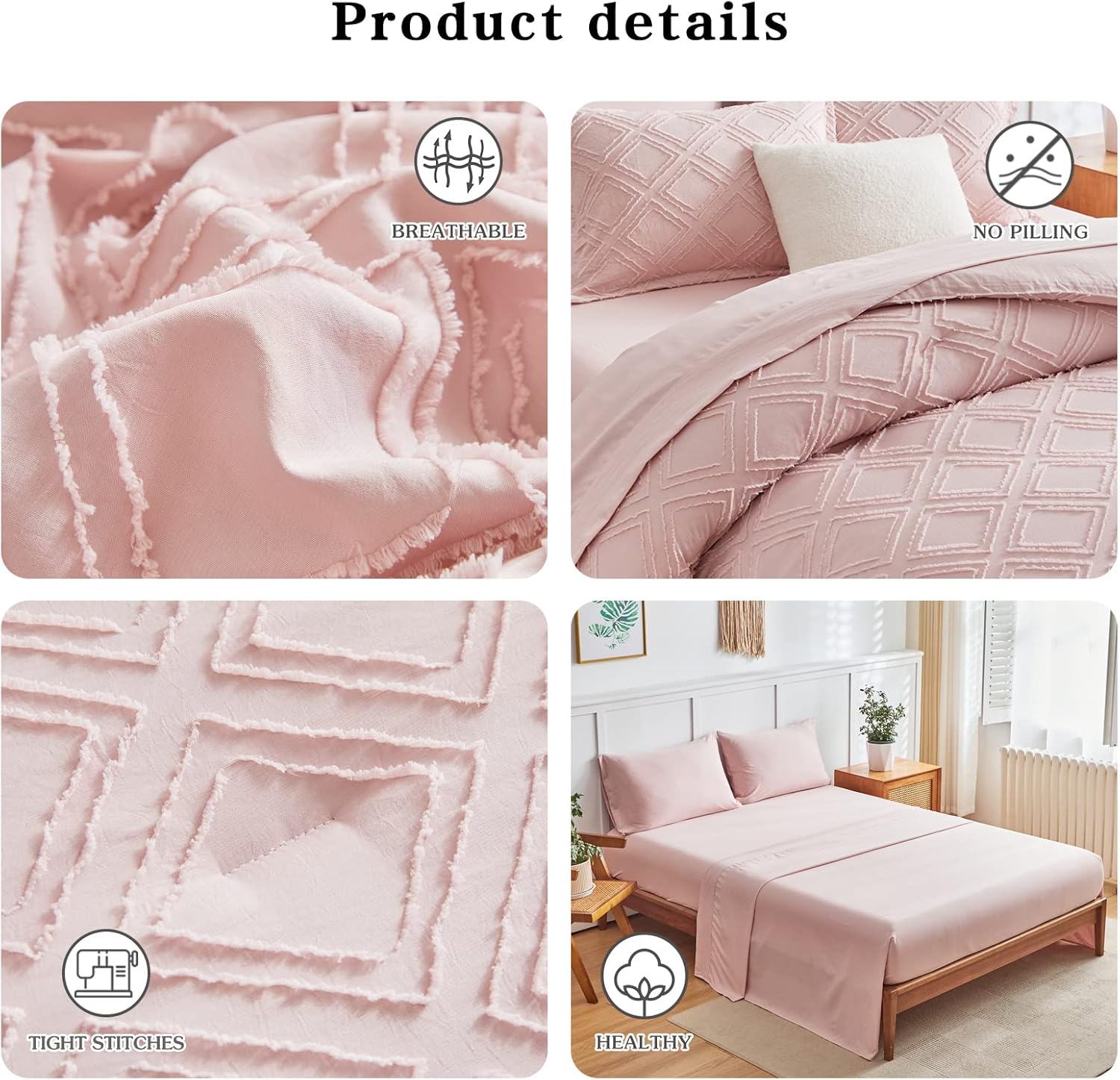 Flysheep 6-Piece Tufted Bed-in-a-Bag Comforter Set Blush Pink