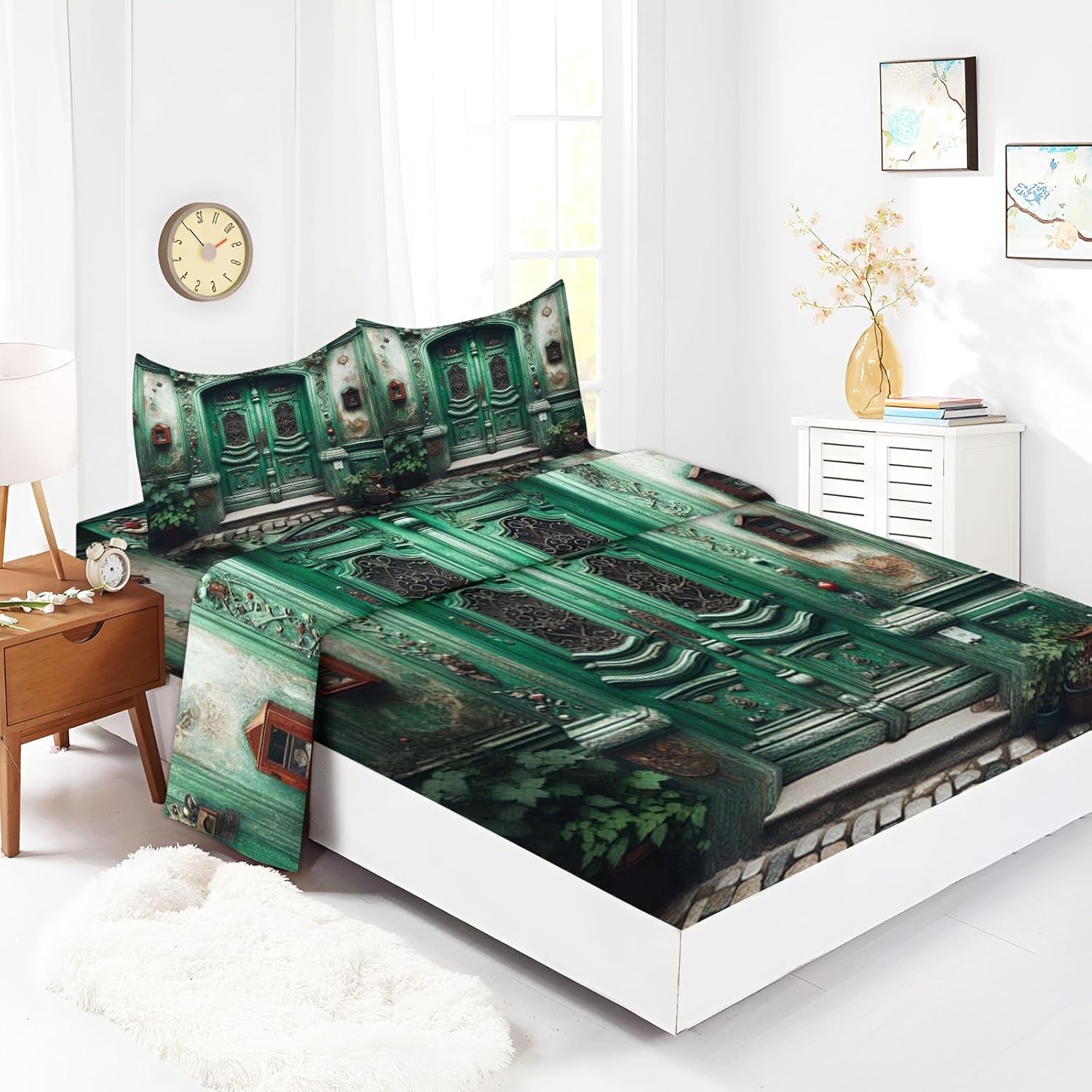 Full Fitted Sheet Set - Green Retro European Style 4 Piece