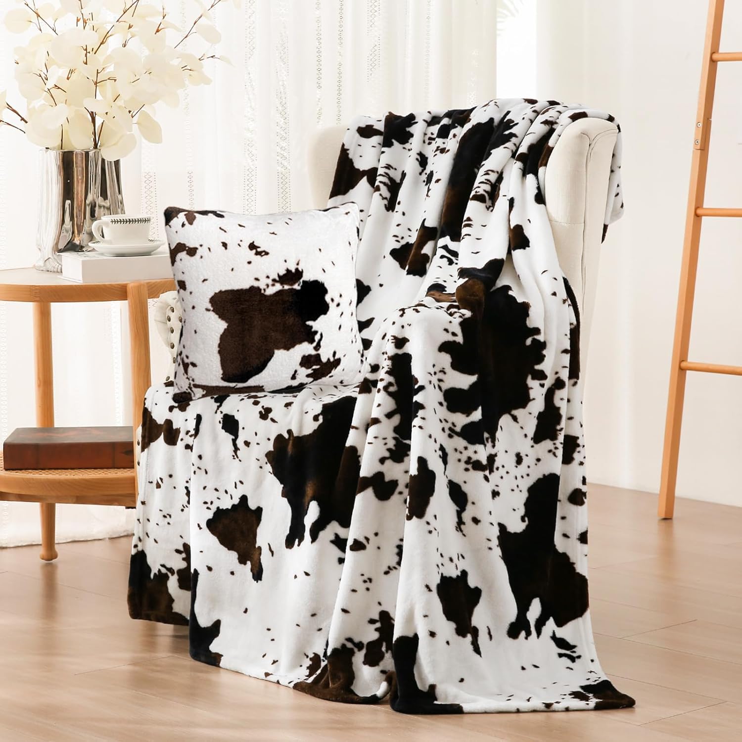 Vessia Throw Blanket Cow Black Brown with Pillow Cover