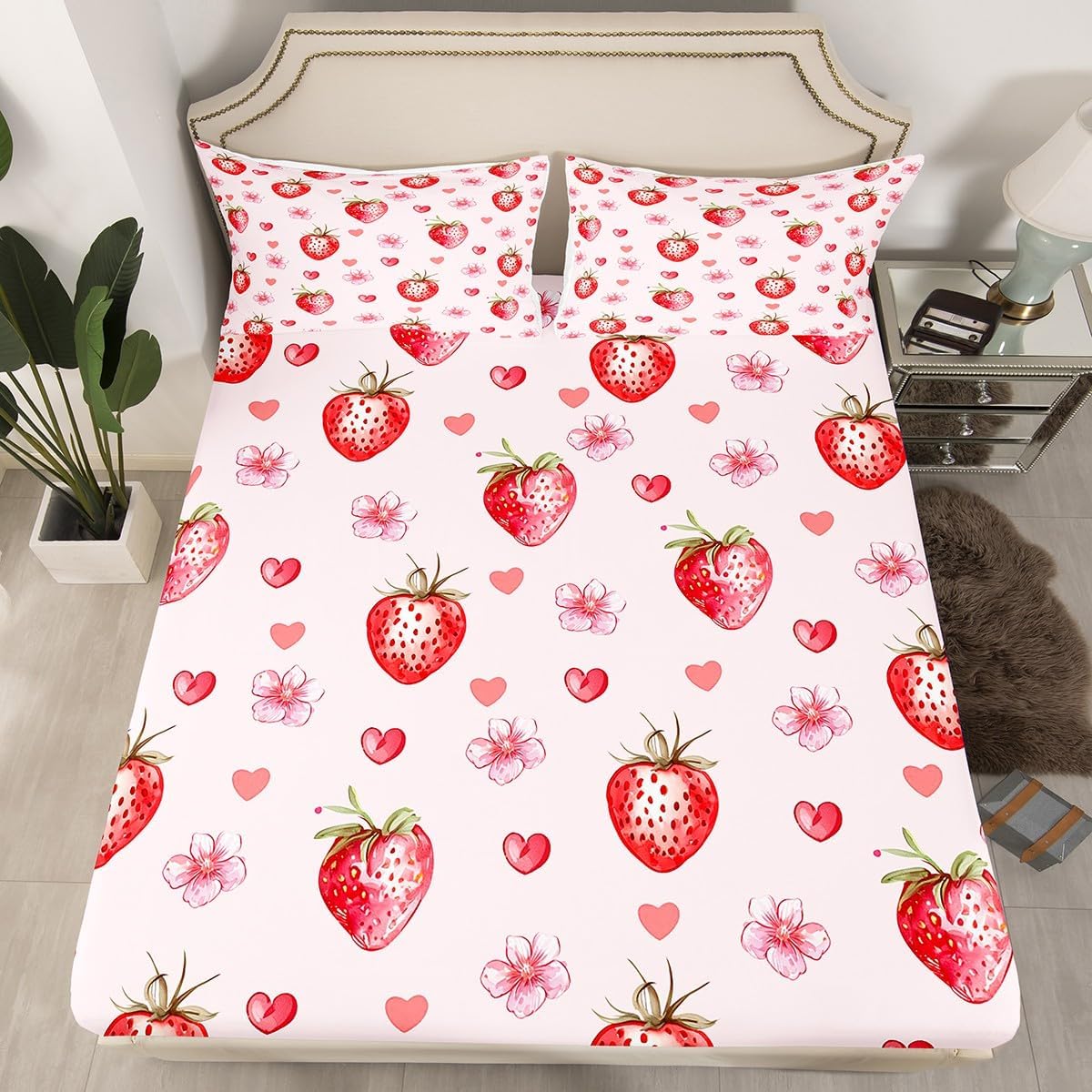 Jejeloiu Strawberry Bed Sheet Set King Size Kawaii