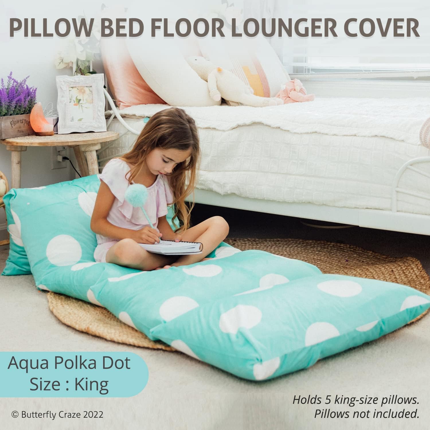 Butterfly Craze Floor Pillow Case - Polka Aqua King Size