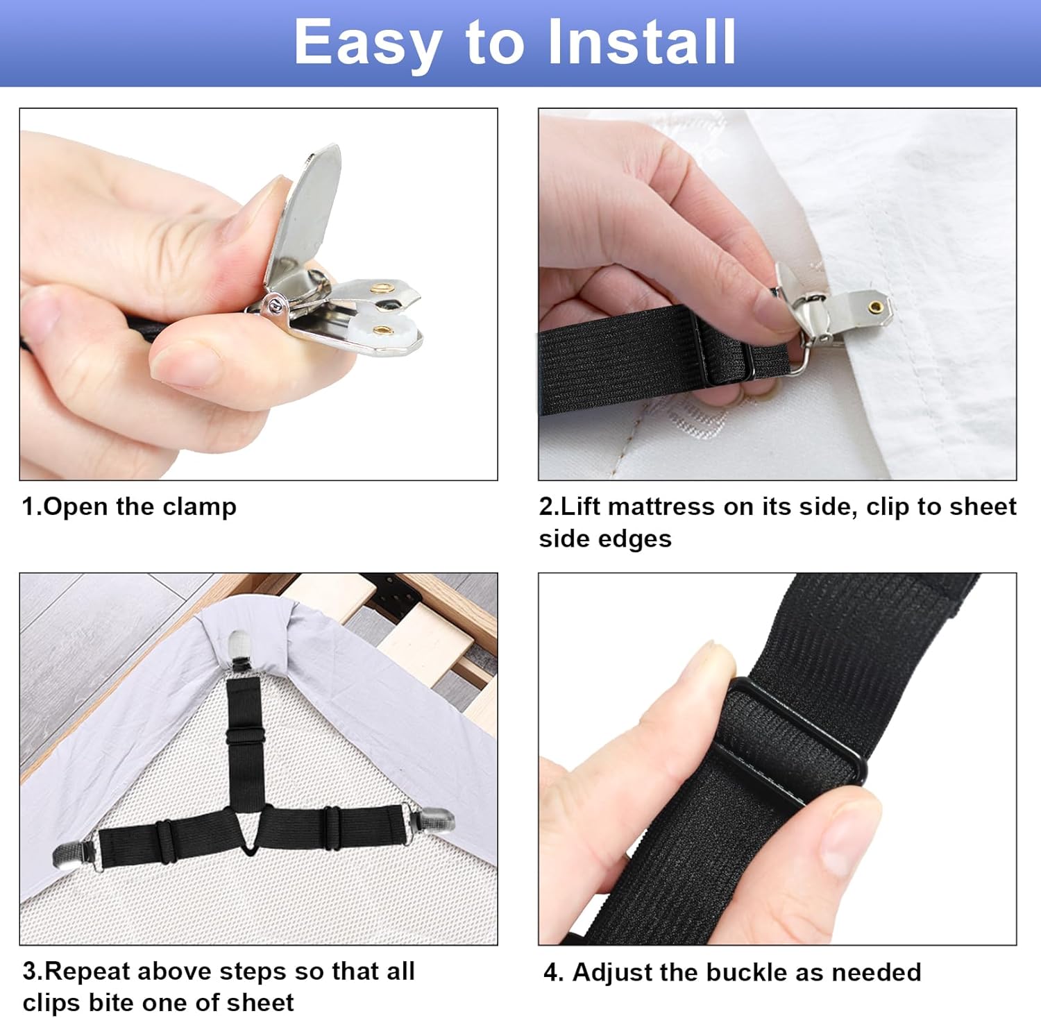Attmu Bed Sheet Straps 6-Pack Black Adjustable Clips