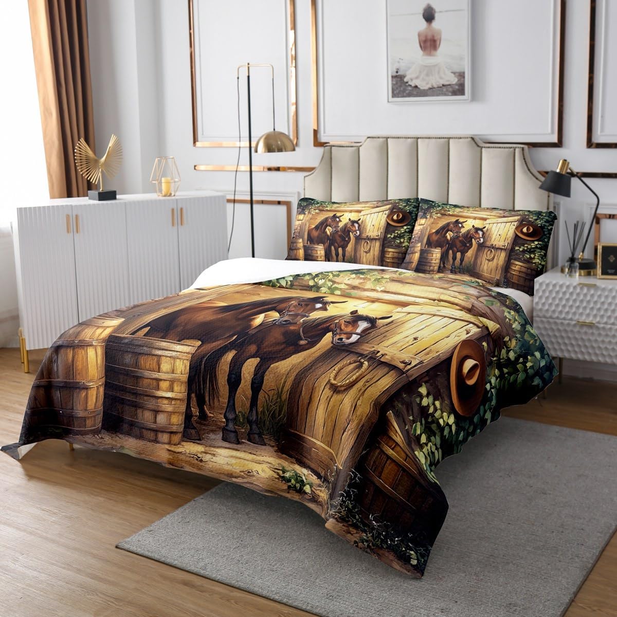 Castle Fairy 3D Horse Bedspread Queen Size 3Pcs Set