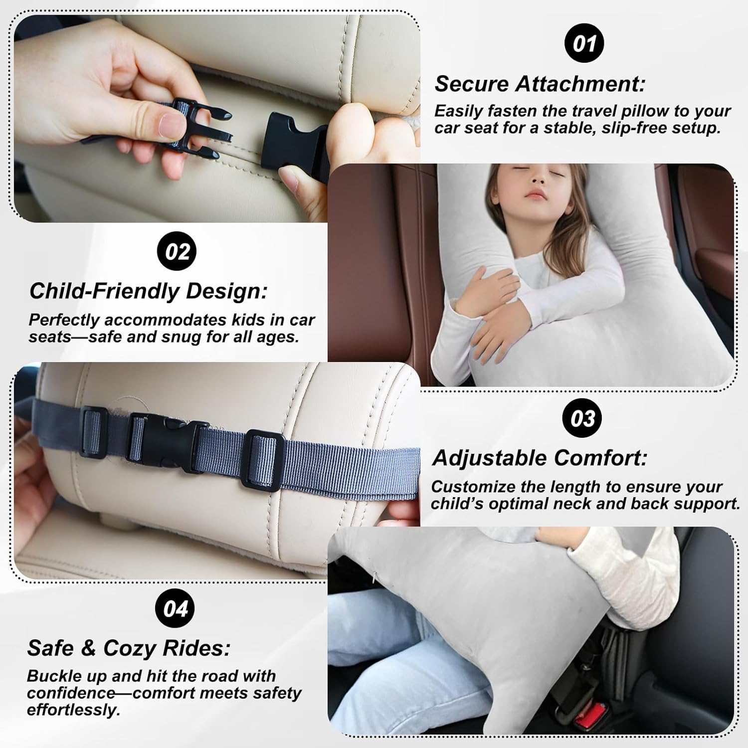 Kids Car Pillow for Travel - Crash-Safe Breathable Support Grey 1