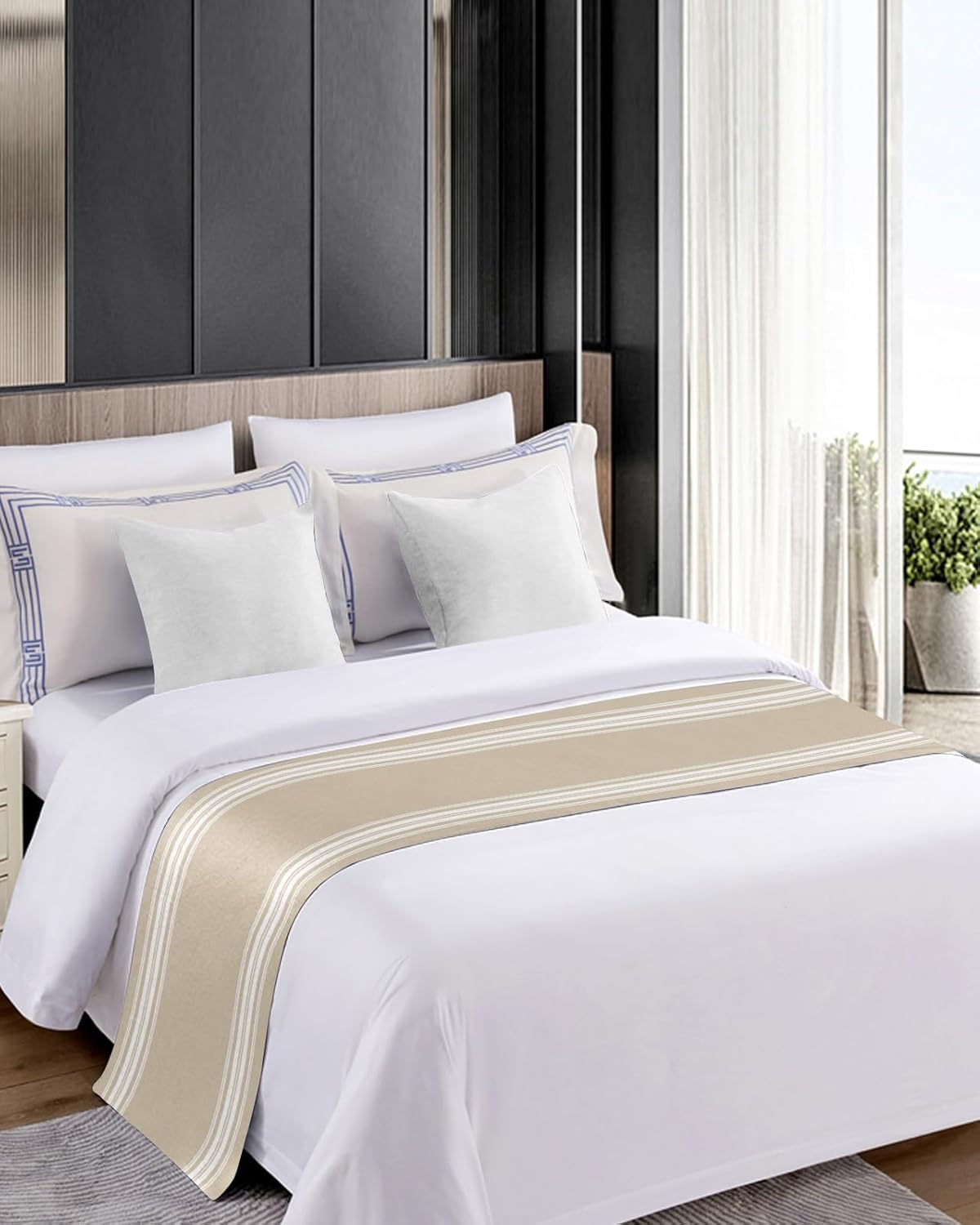 Ldtrchee Cal King Bed Runner Beige Striped Satin Scarf Throws