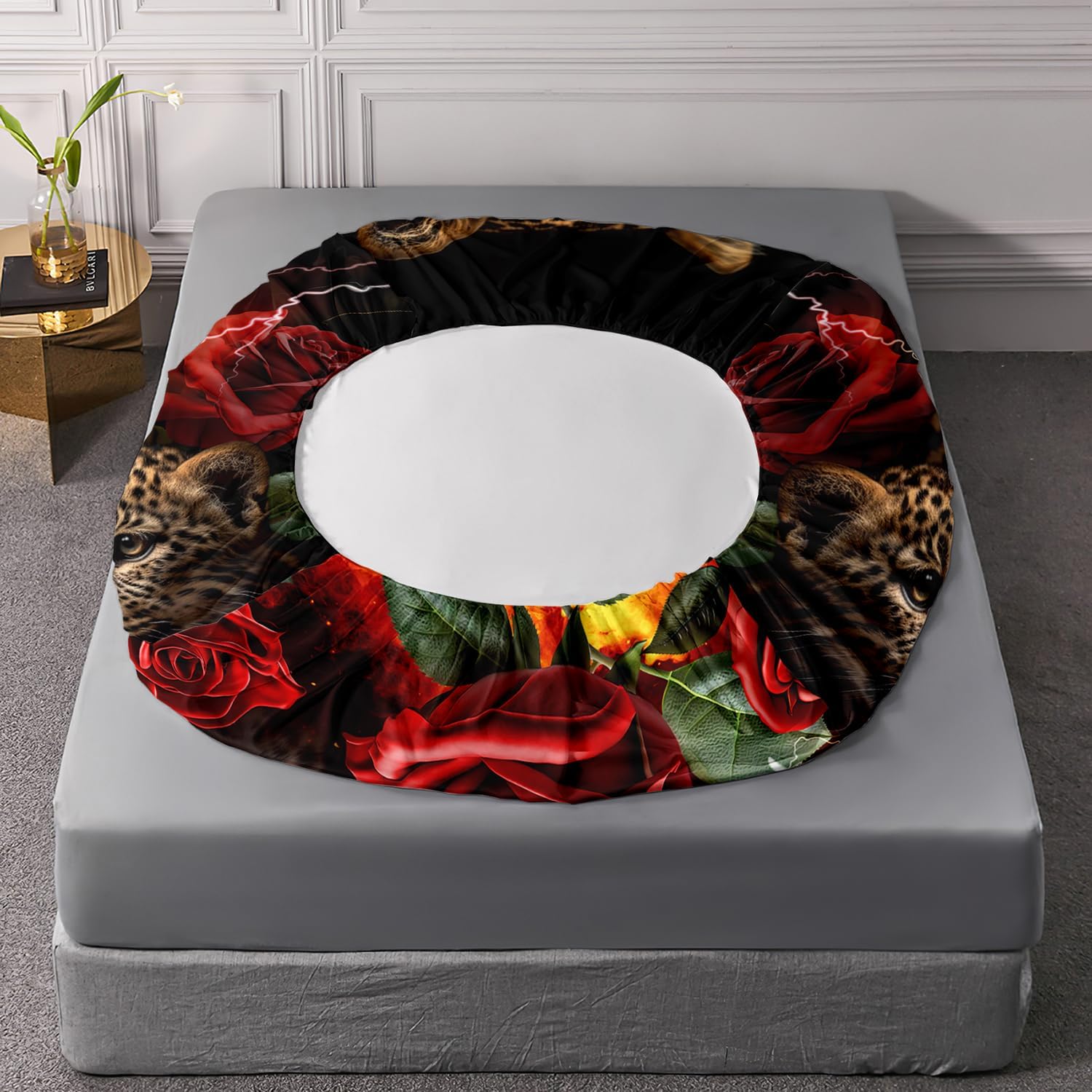 AILONEN Leopard Fitted Sheet Twin XL Set 3D Oil Red Rose Pattern 3PCS