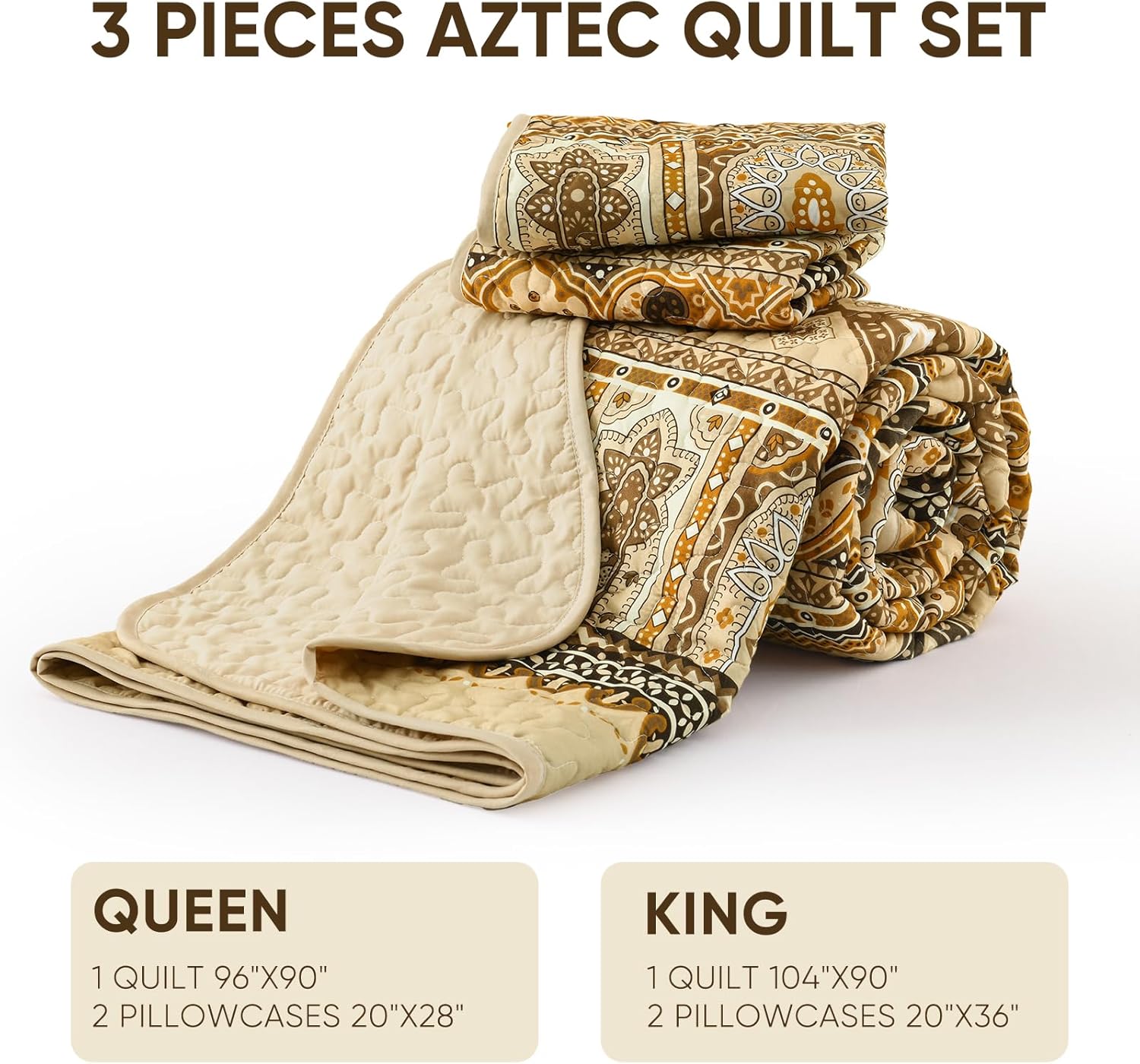Drucon Boho Aztec Quilt Set 3 Pieces Dark Brown