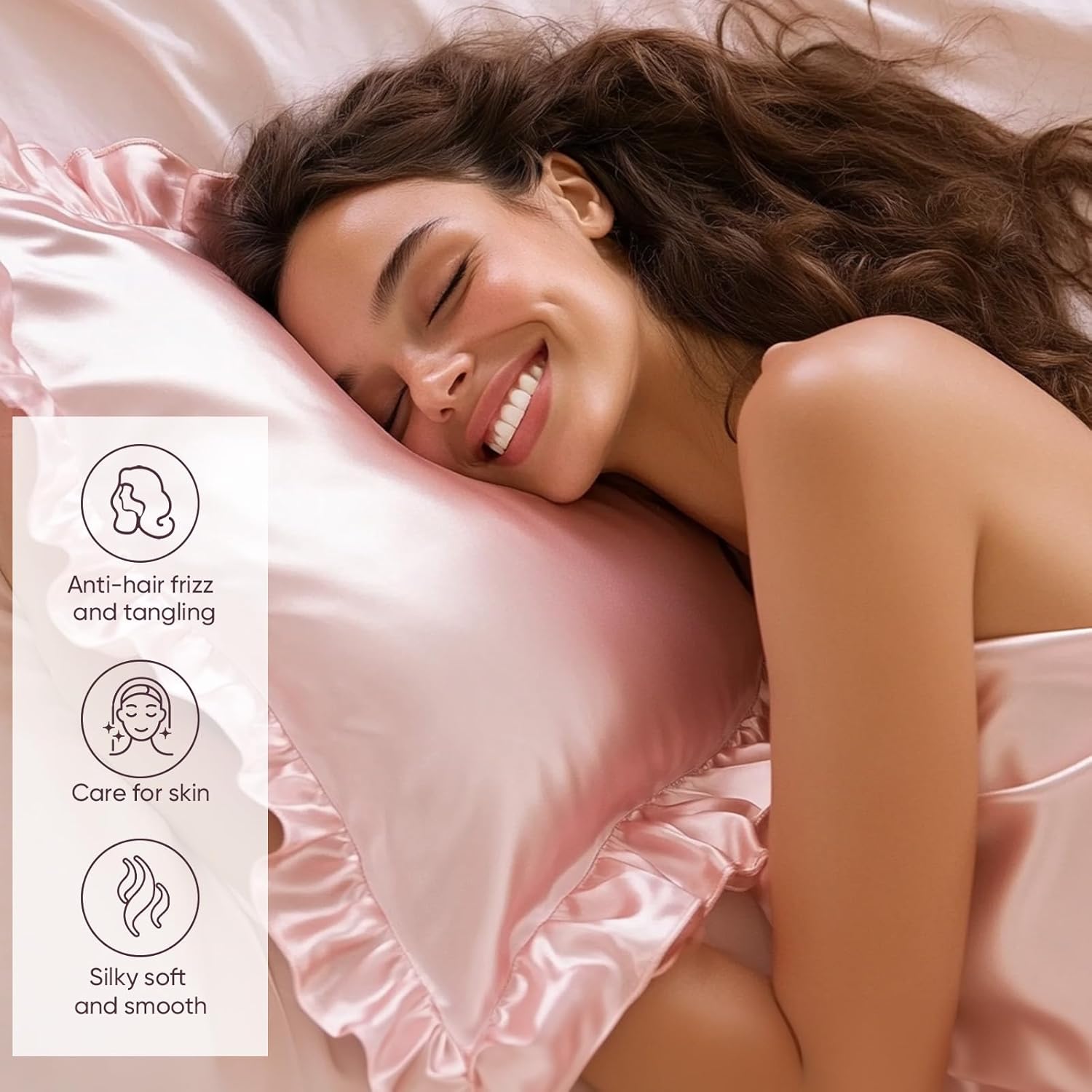 Ruffle Satin Pillowcase for Hair Skin Blush Pink 20x54 Inches