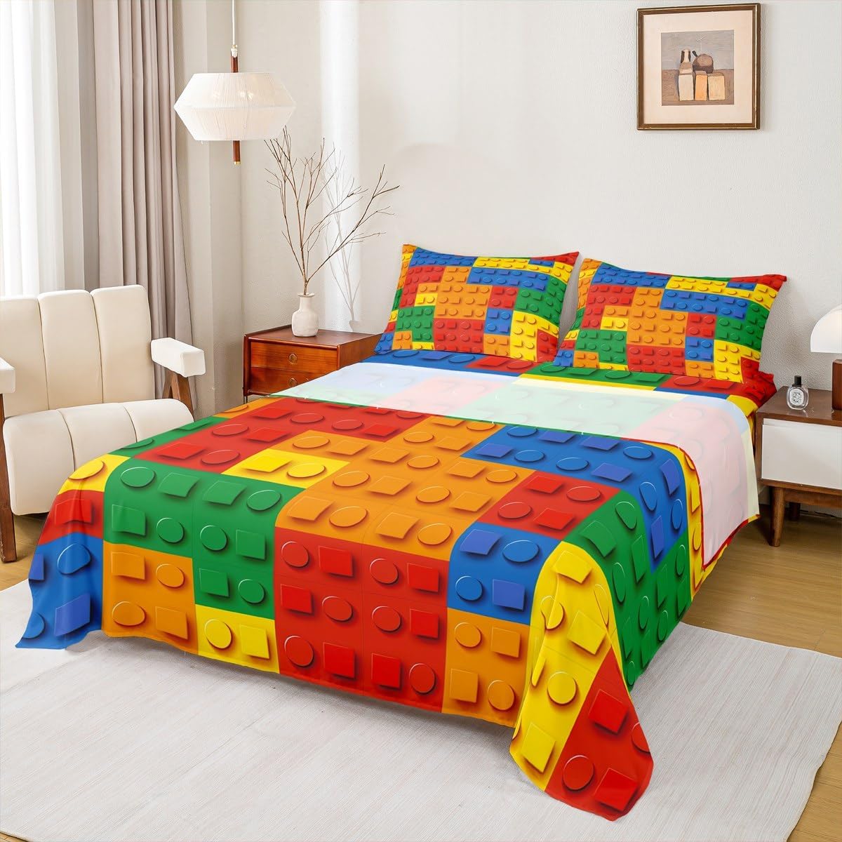 Erosebridal 3D Rainbow Bricks Bed Sheet Set