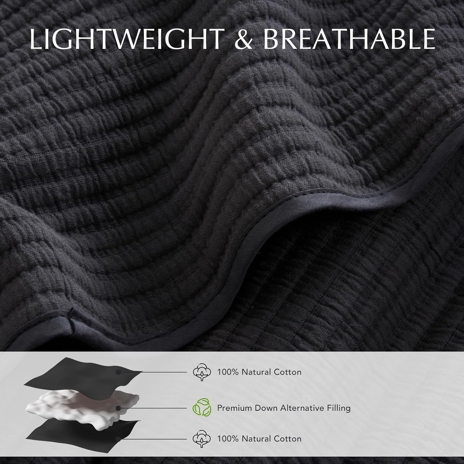 EVERGRACEHOME Cotton Coverlet Set King 3 Pieces Washed Black
