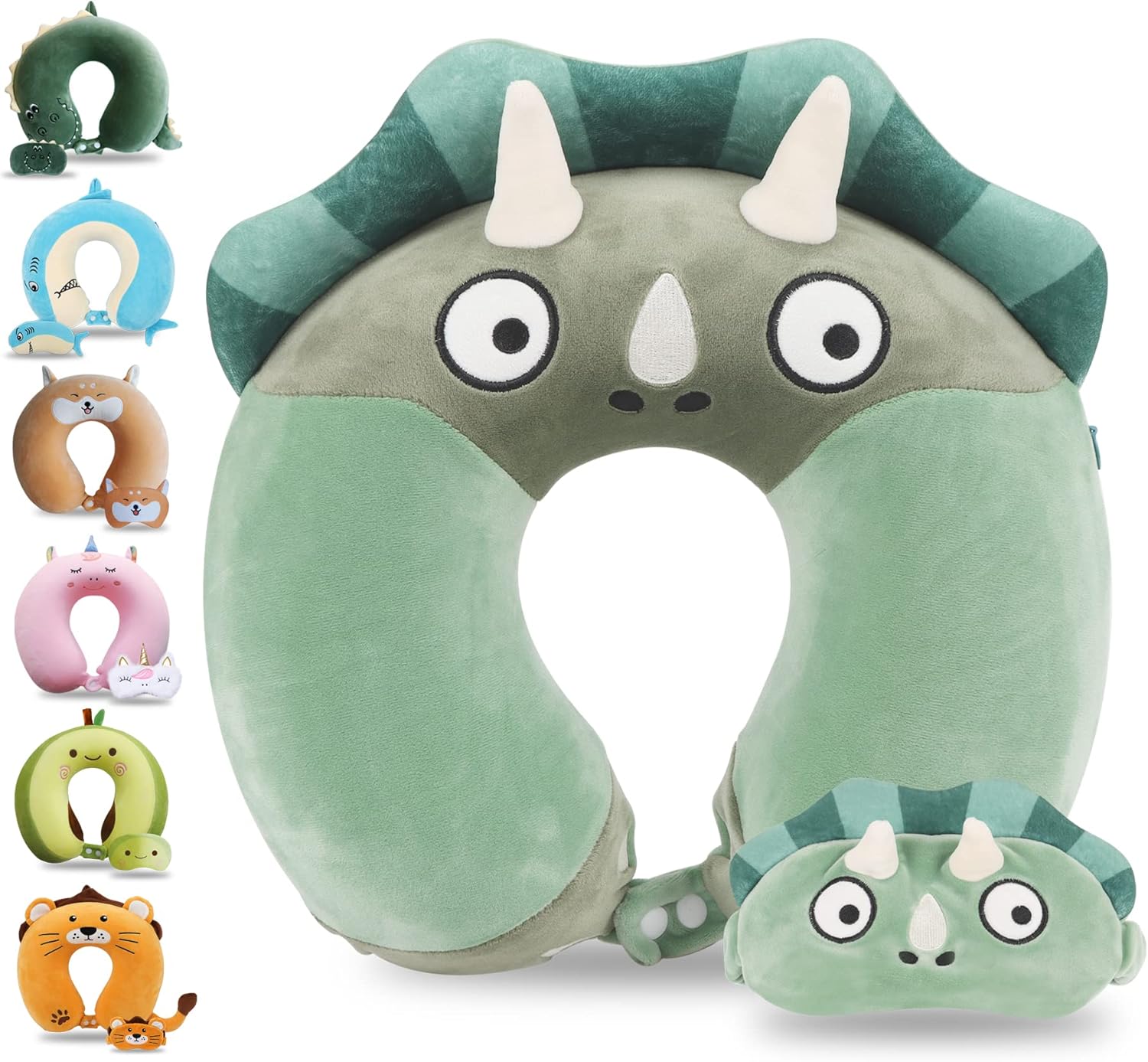 Sexysamba Cartoon Headrest Pillow for Kids with Sleep Eye Mask - Green Triceratops