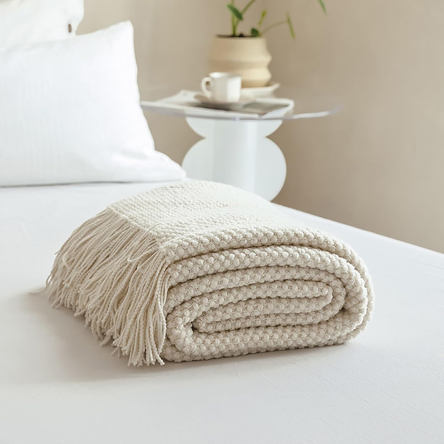 SUZEPER Light Grey King Bed Runner with Tassels