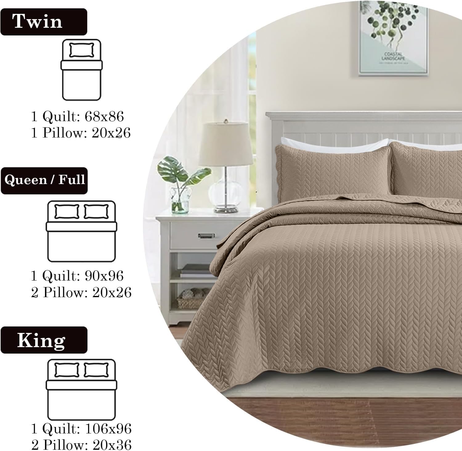 IR Imperial Rooms Queen Quilt Bedding Set 90x96 - 3 Pcs Beige Microfiber
