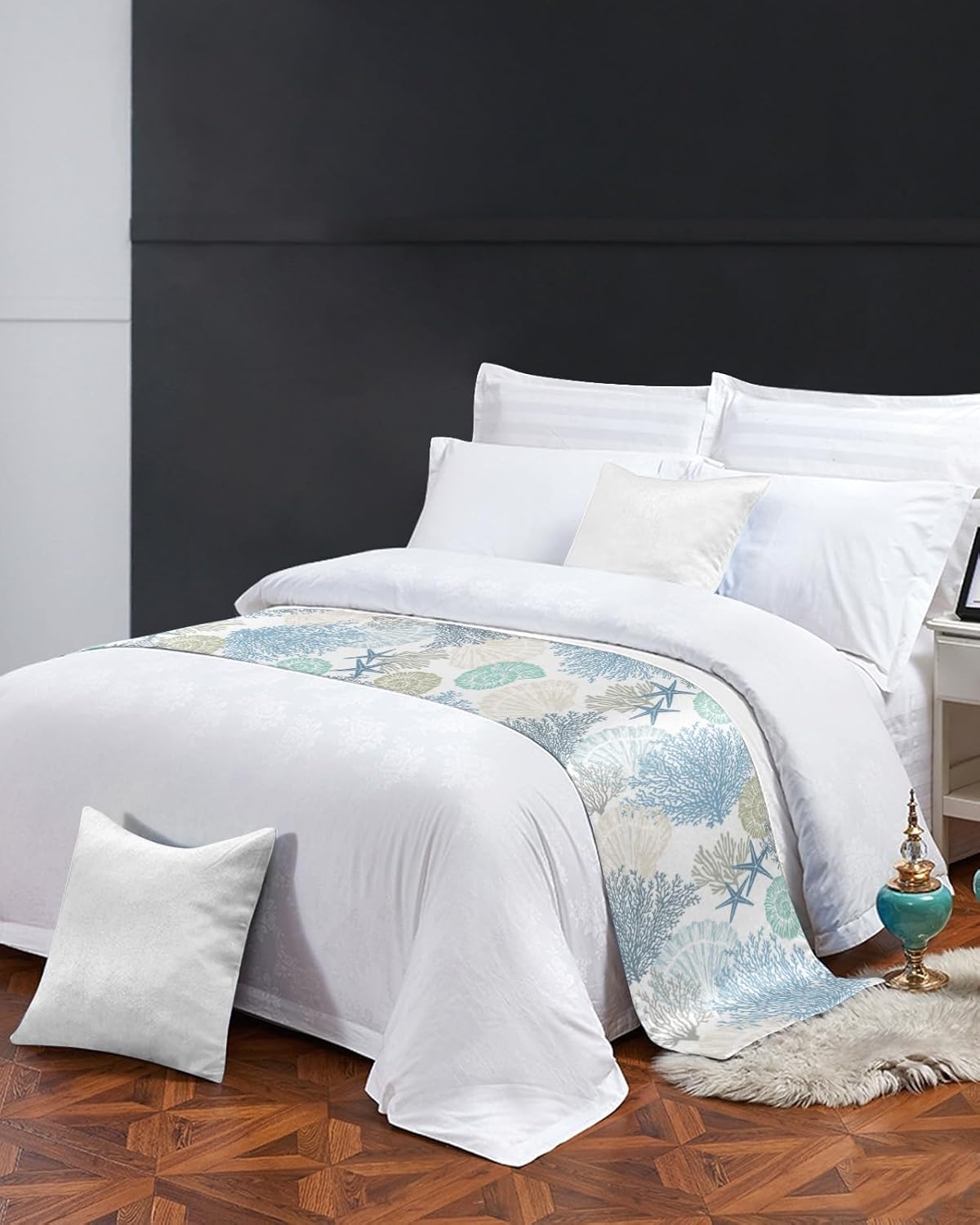 Blue Teal Coral Bed Runner Queen Size