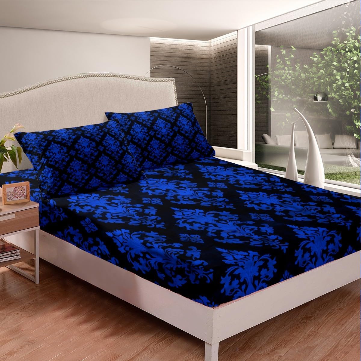 Erosebridal Blue Damask Gothic Bohemian Sheet Set