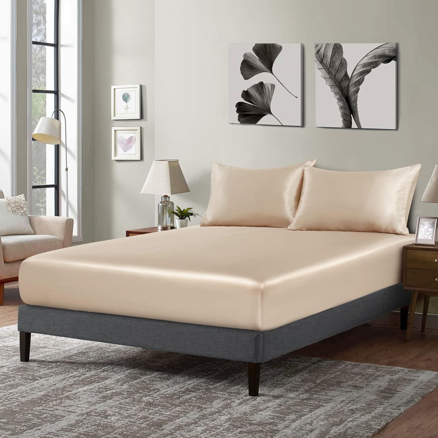 P Pothuiny Satin Fitted Sheet King Size Taupe