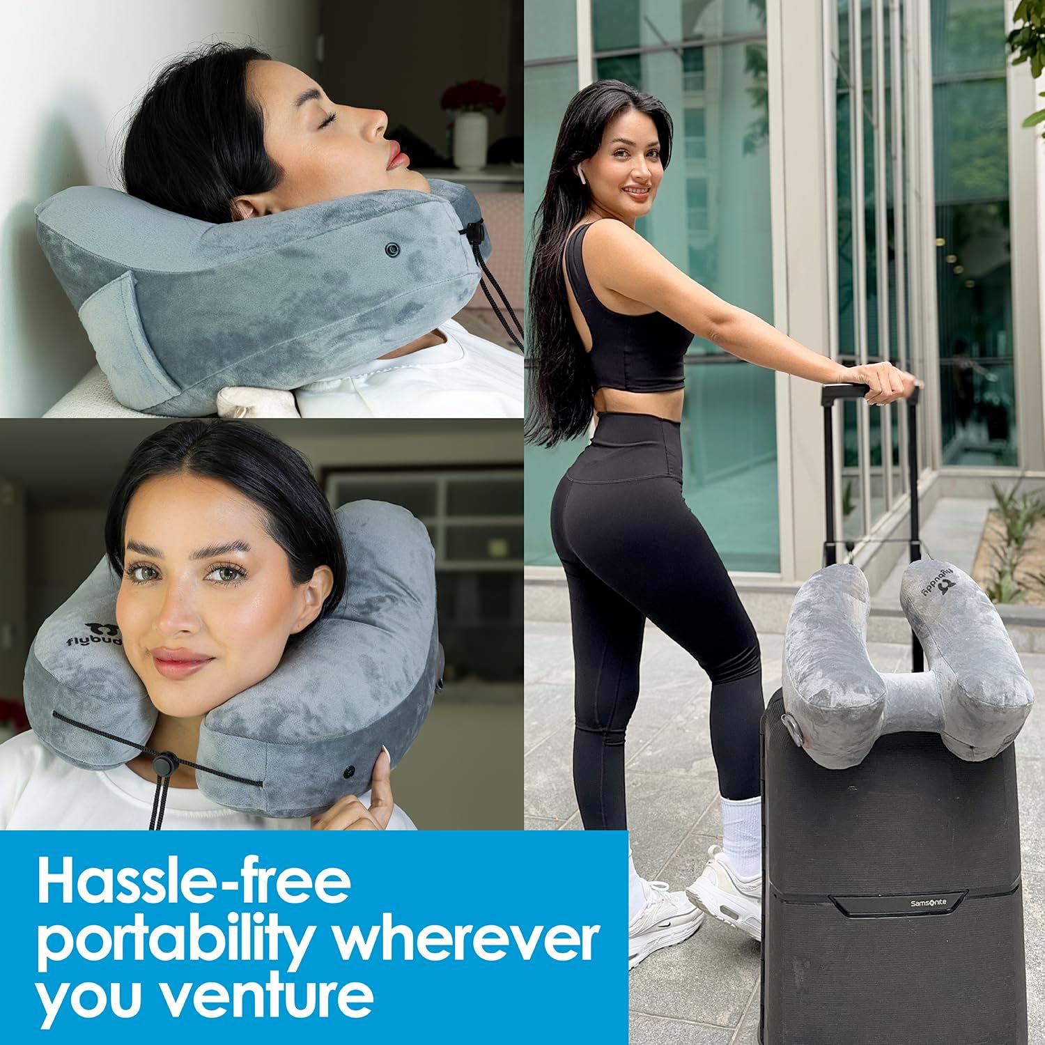 FlyBuddy Inflatable Neck Pillow for Traveling with Travel Bag and Hood - Grey