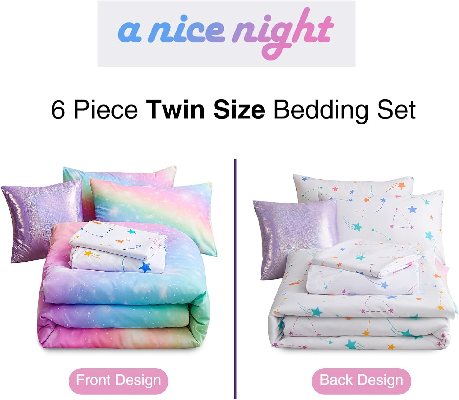 A Nice Night 6Pcs Gradient Glitter Comforter Set for Girls
